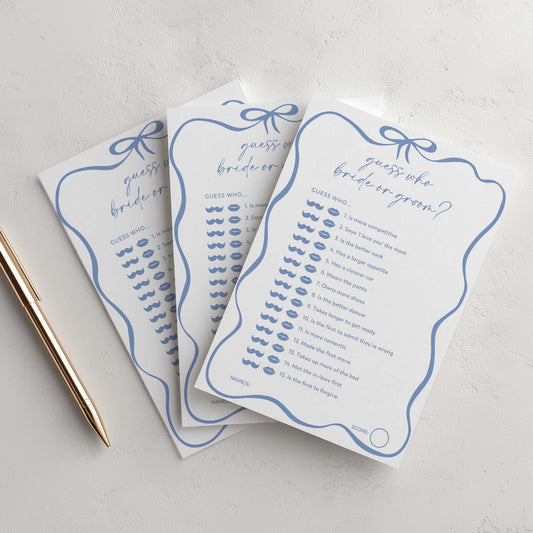 Printed Guess Who Bride or Groom - Blue Bow | Bridal Shower Games Australia
