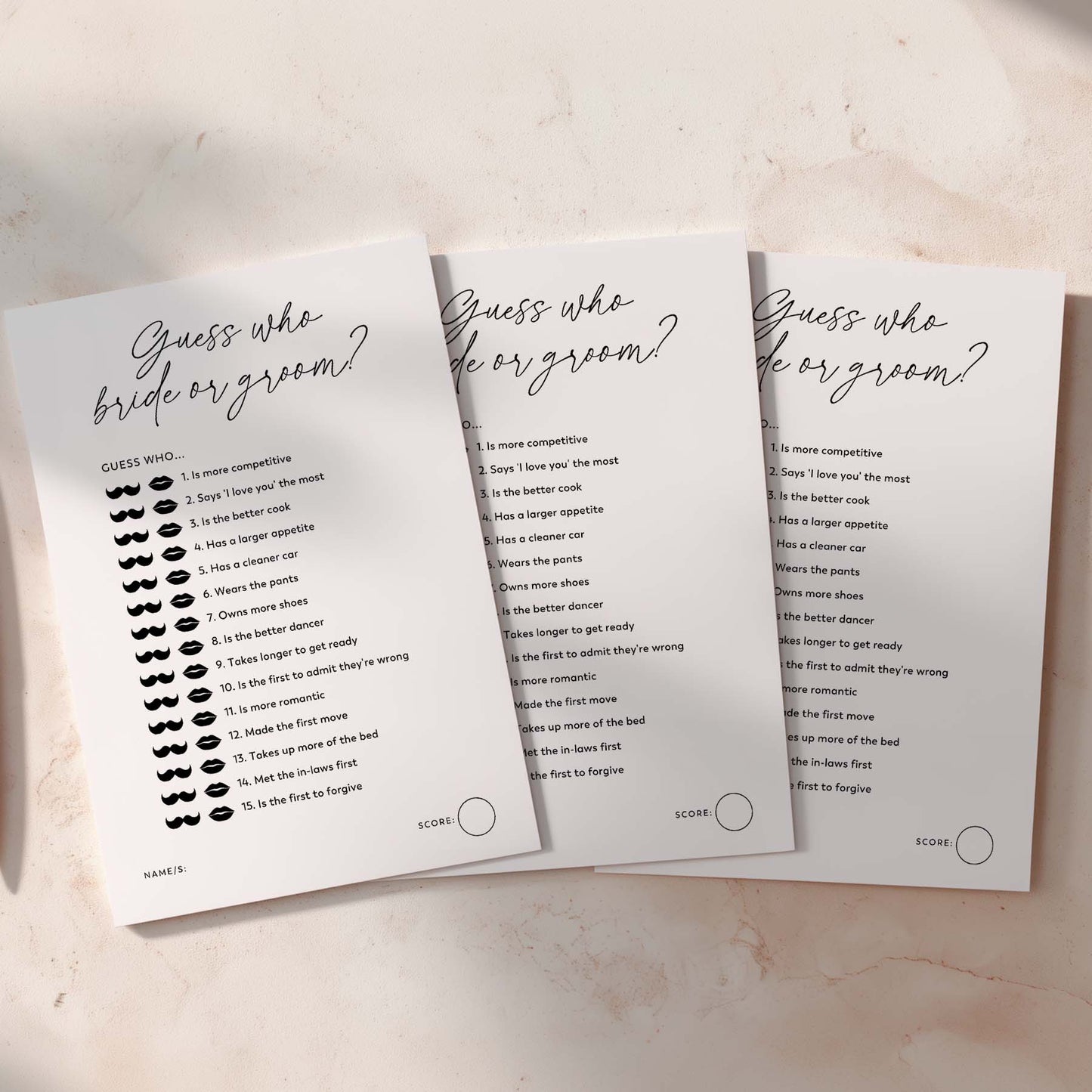 Three sheets of paper with 'Guess who, bride or groom?' questionnaires on a light background