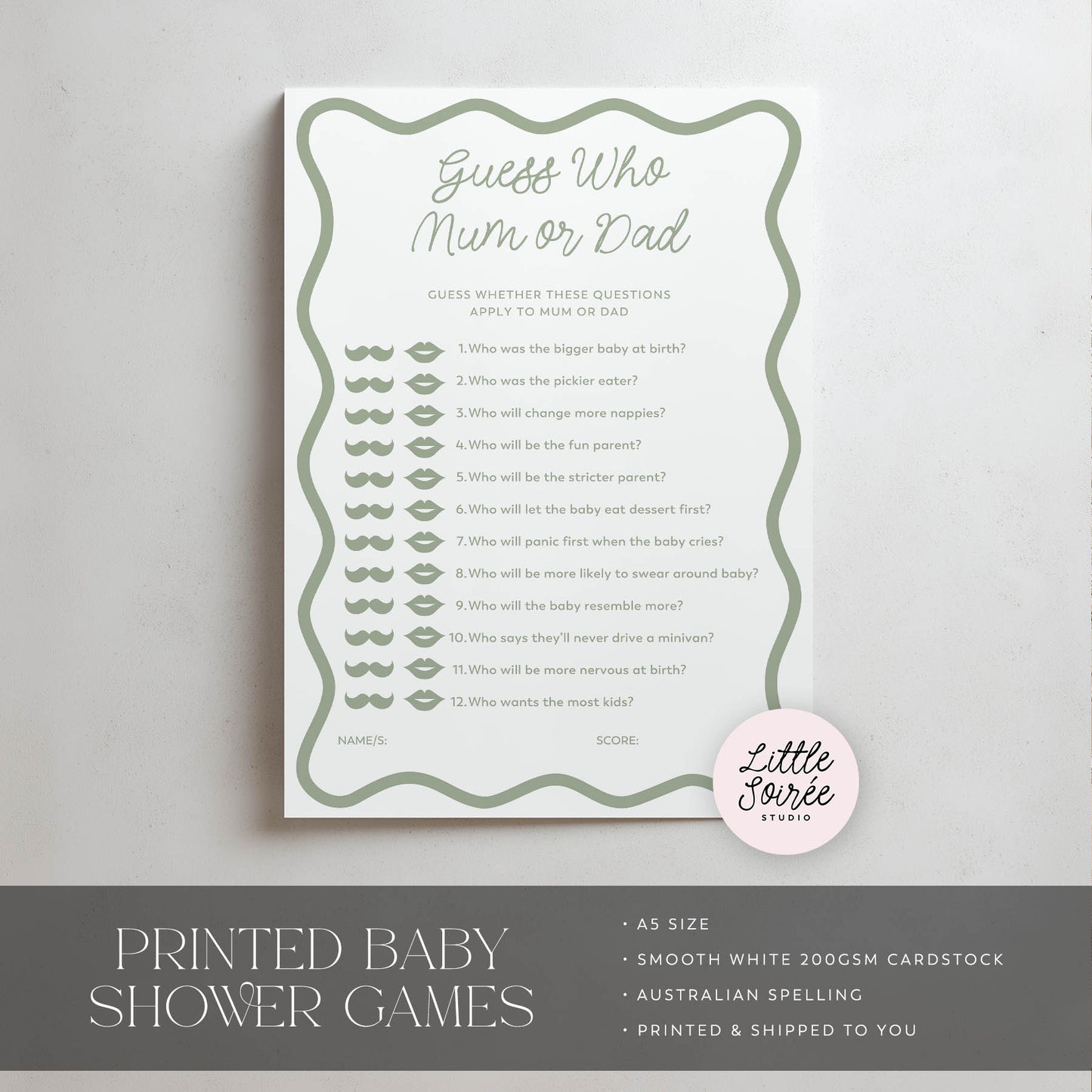 Baby shower game card titled 'Guess Who Mum or Dad' on a light gray background with 'Little Soiree' branding.