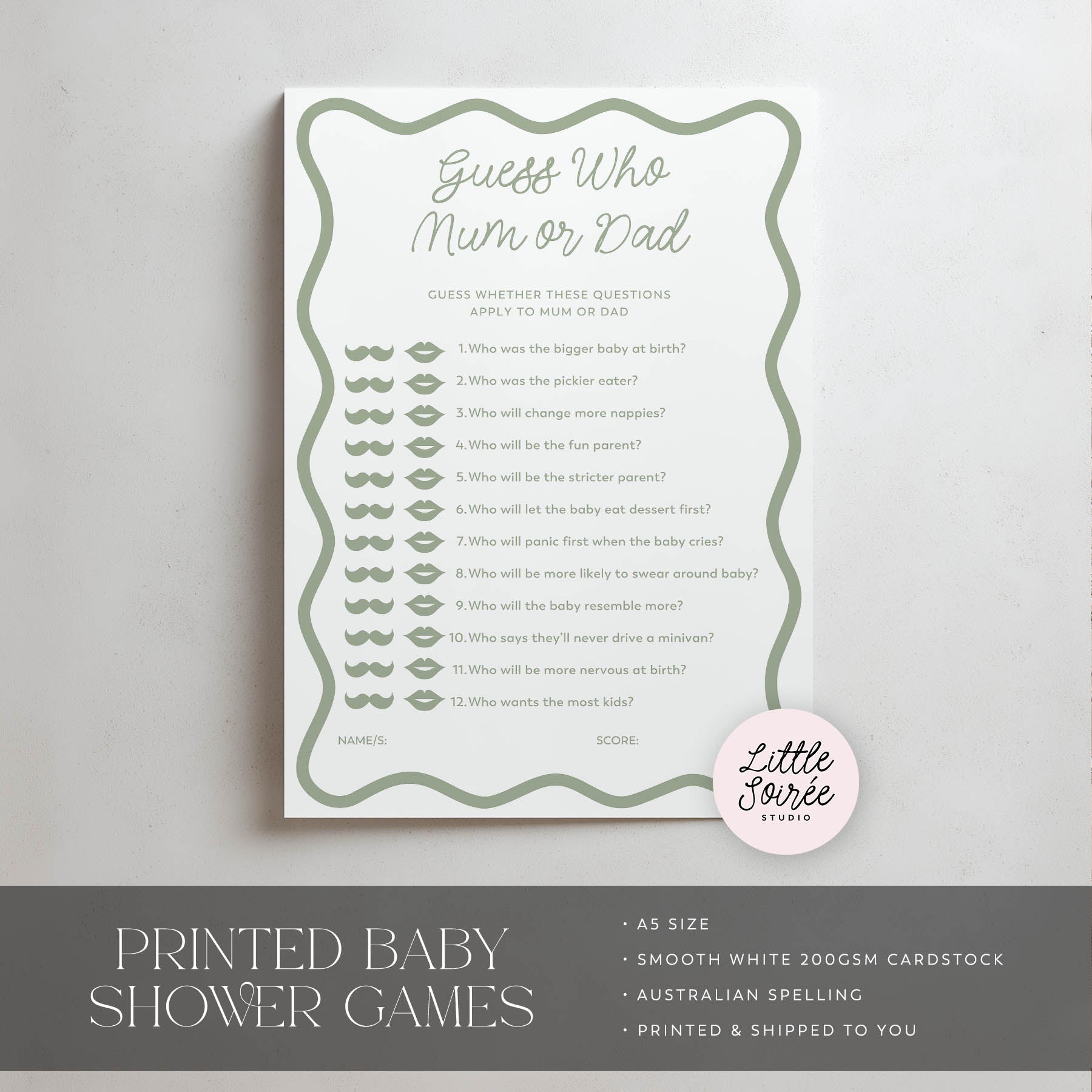 Baby shower game card titled 'Guess Who Mum or Dad' on a light gray background with 'Little Soiree' branding.