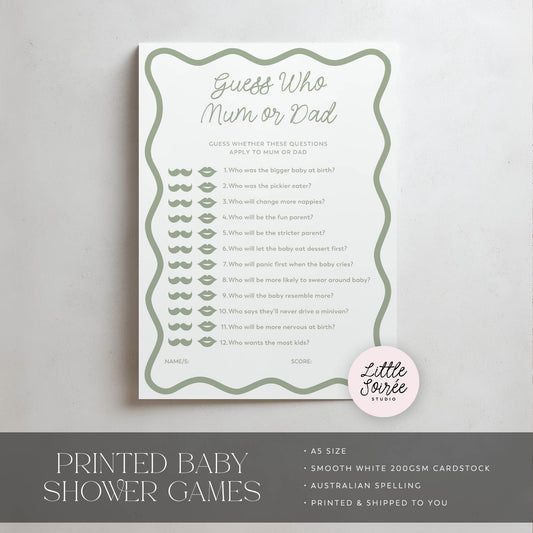 Baby shower game card titled 'Guess Who Mum or Dad' on a light gray background with 'Little Soiree' branding.