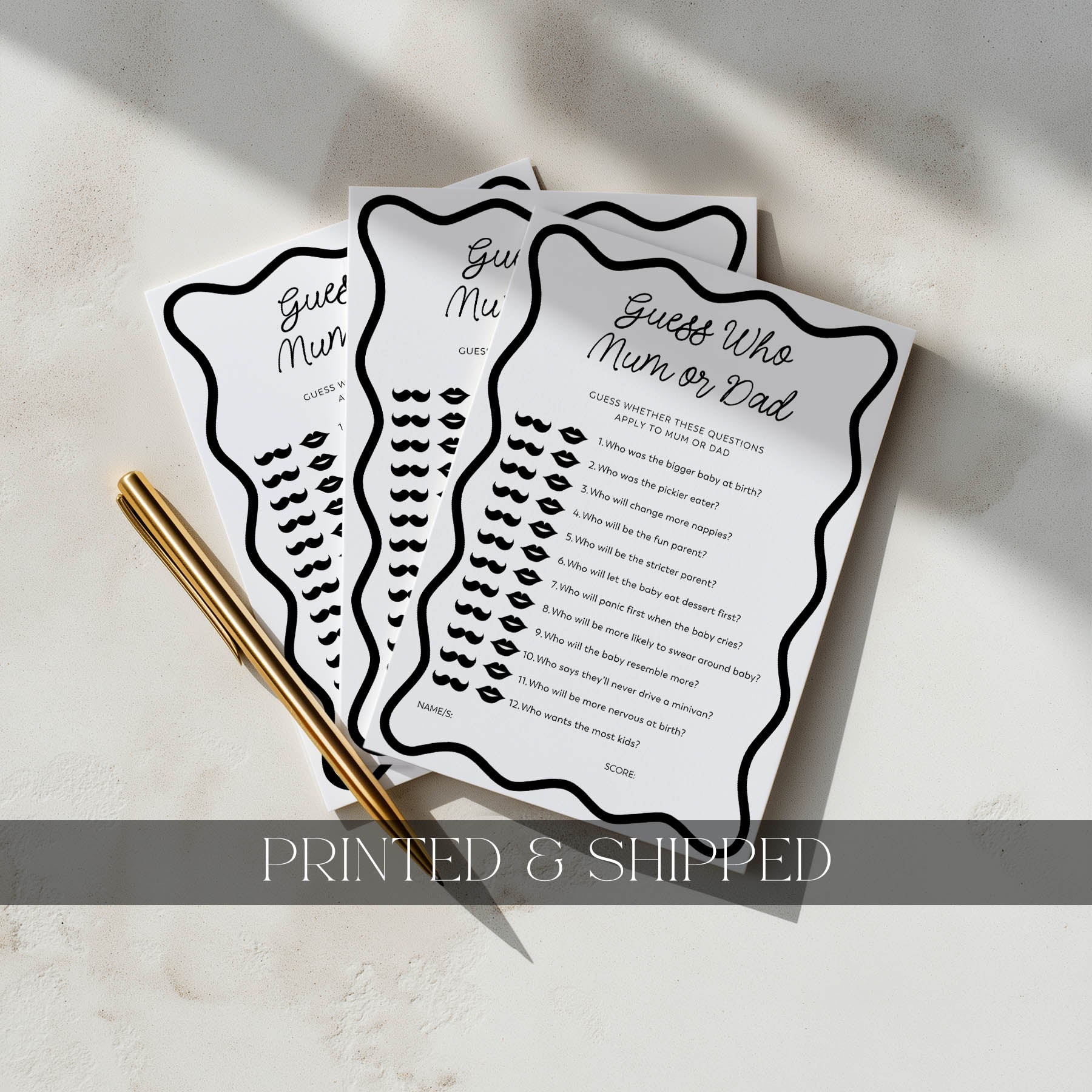 Two printed baby shower games cards with text and questionnaires on a light surface. Guess who mum or dad game in black wavy design