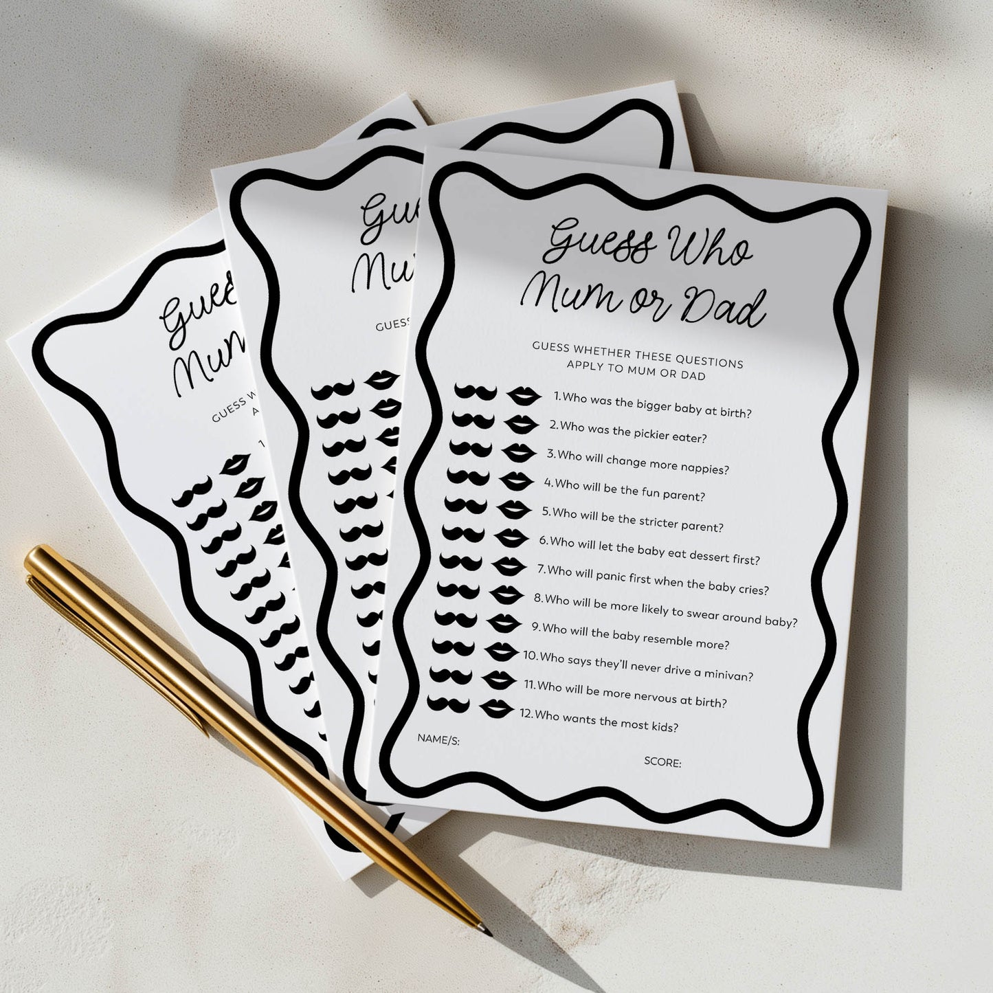 Three guess who mum or dad baby shower games question cards with a pen on a light background. In a black wavy design