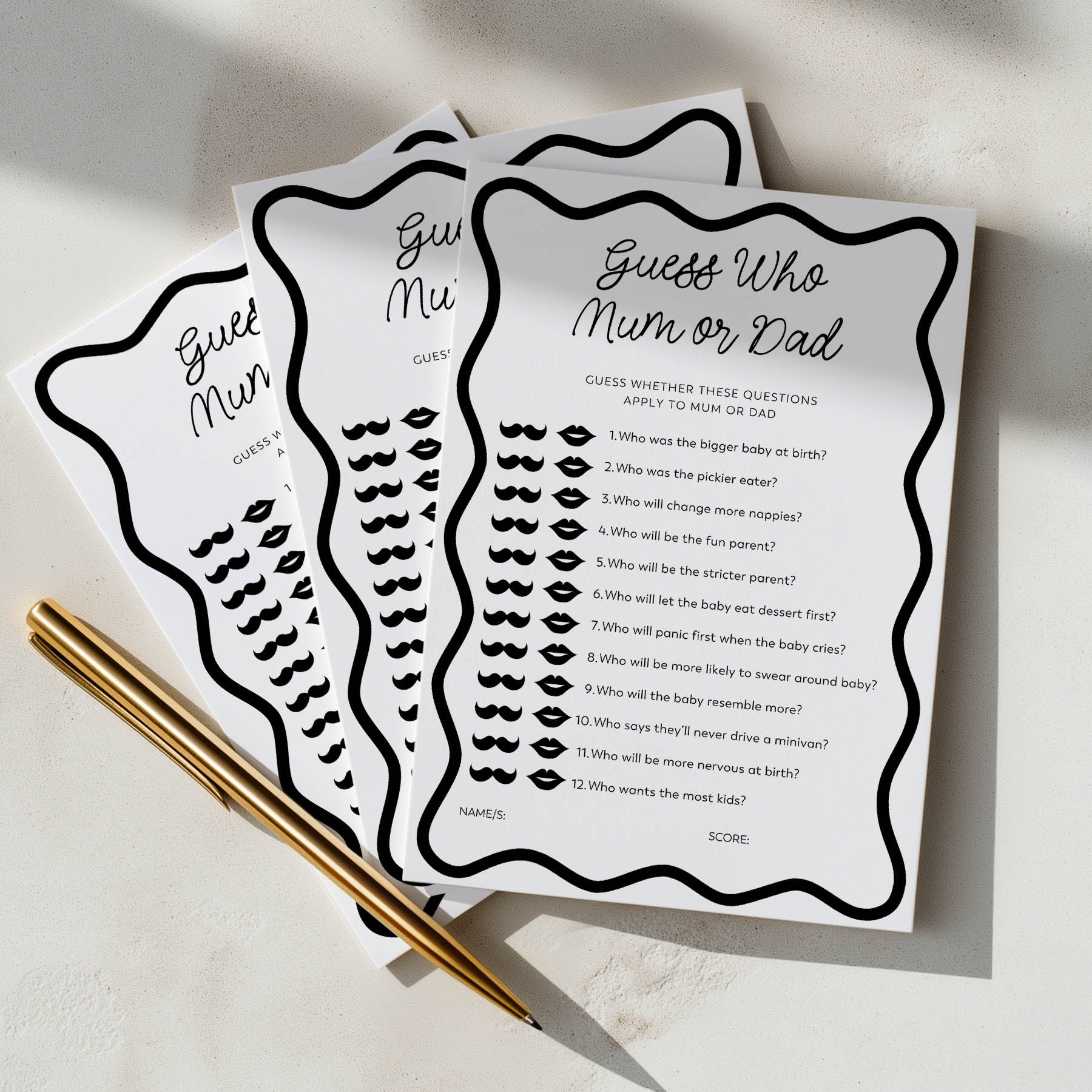Three guess who mum or dad baby shower games question cards with a pen on a light background. In a black wavy design