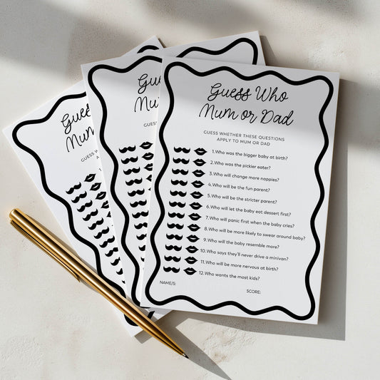 Three guess who mum or dad baby shower games question cards with a pen on a light background. In a black wavy design