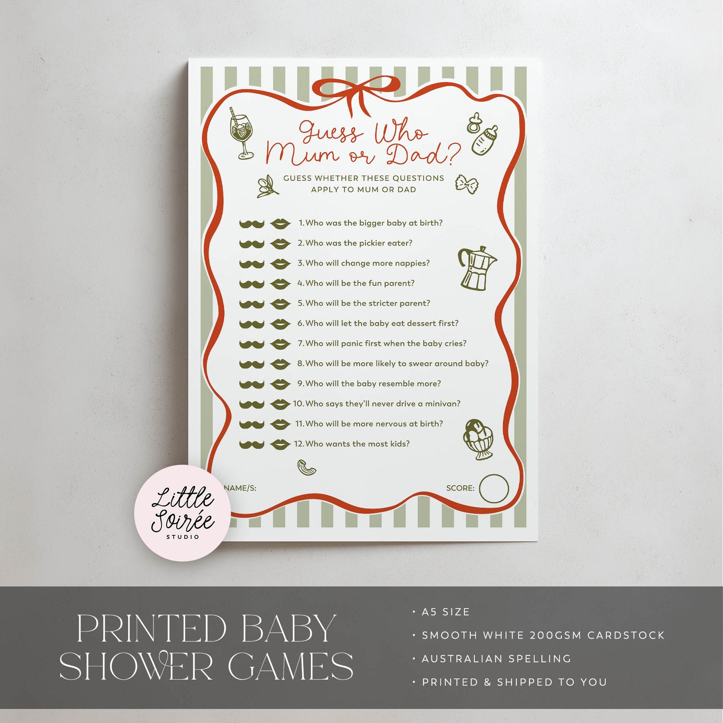 Ciao Baby Baby shower game sheet titled 'Guess Who Mum or Dad?' on a gray background with 'Little Souris' branding.