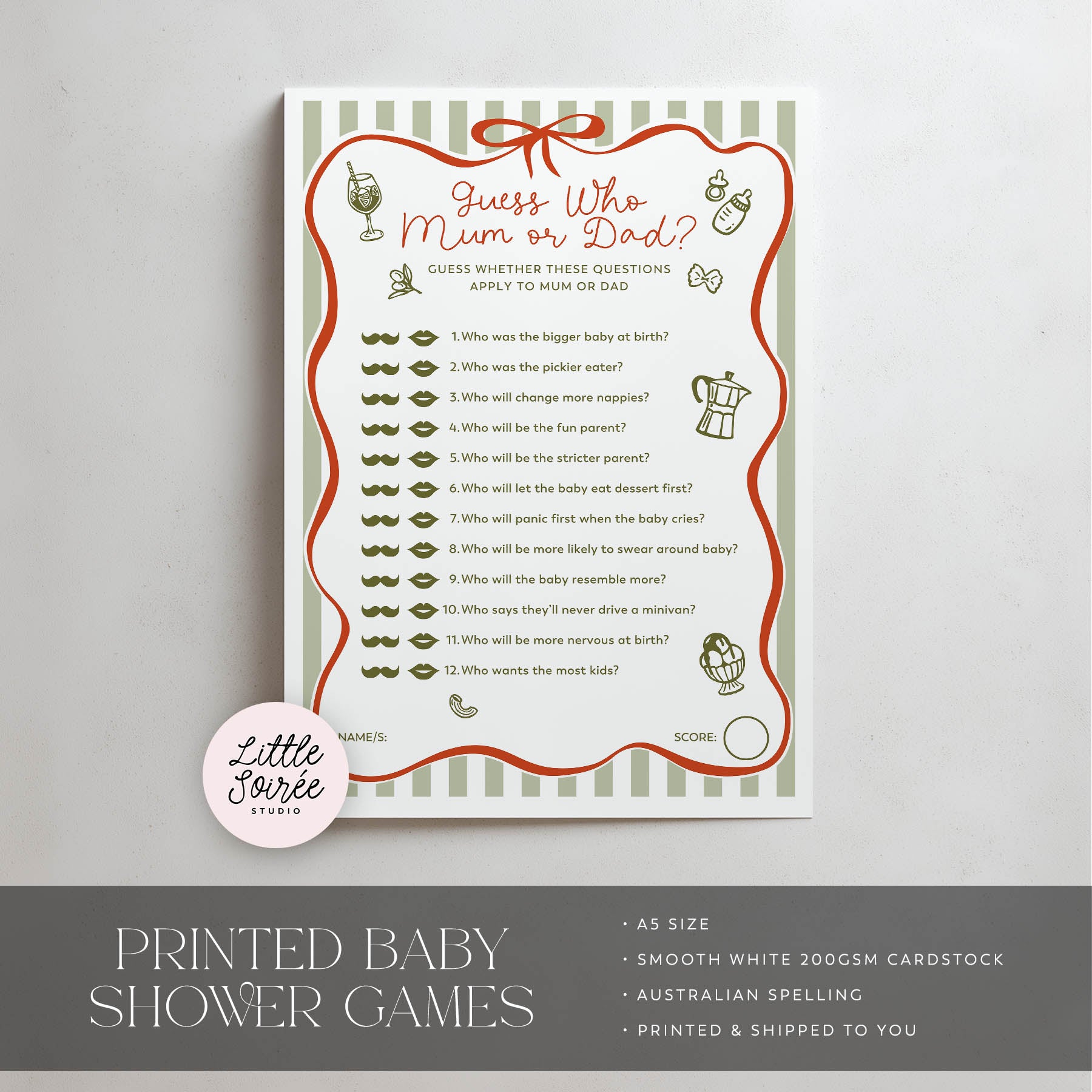 Ciao Baby Baby shower game sheet titled 'Guess Who Mum or Dad?' on a gray background with 'Little Souris' branding.