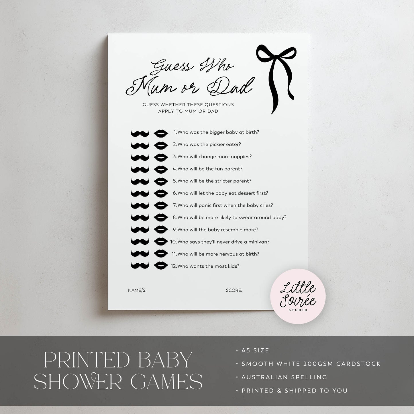 Black Bow Baby shower game sheet titled 'Guess Who Mum or Dad' with a bow on a gray background.