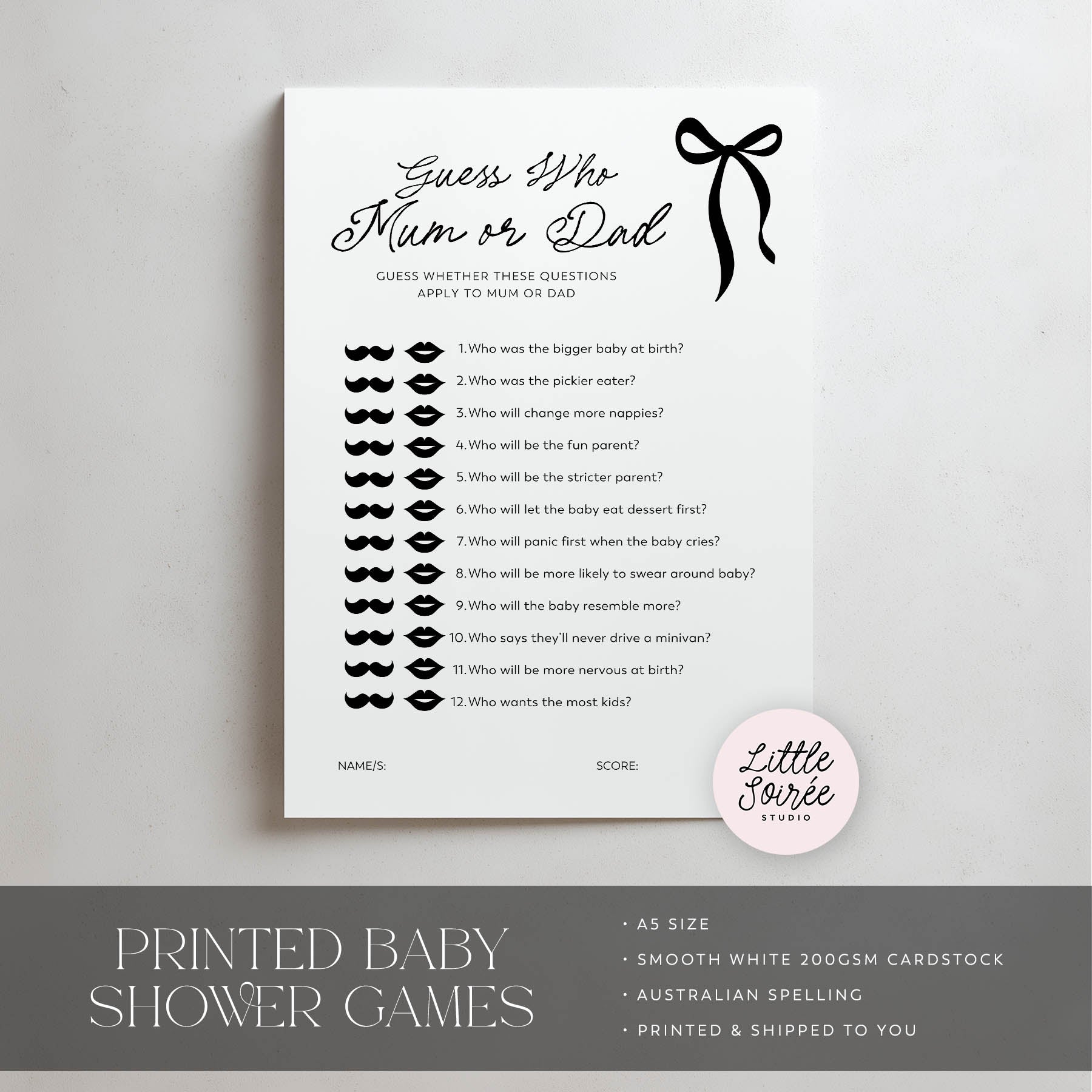 Black Bow Baby shower game sheet titled 'Guess Who Mum or Dad' with a bow on a gray background.