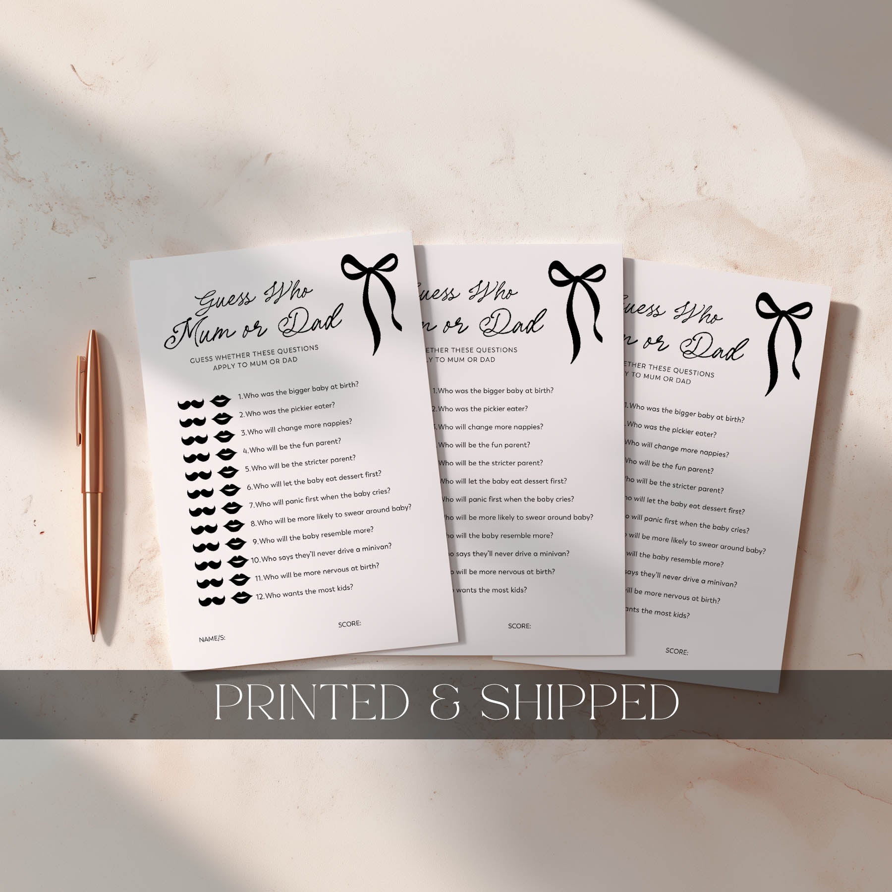 Black Bow Three printed questionnaires titled 'Guess Who's Mum or Dad?' on a light surface with a pen.
