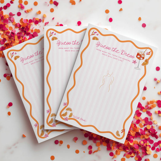 Three 'Guess the Dress' cards on a white background with colorful confetti.