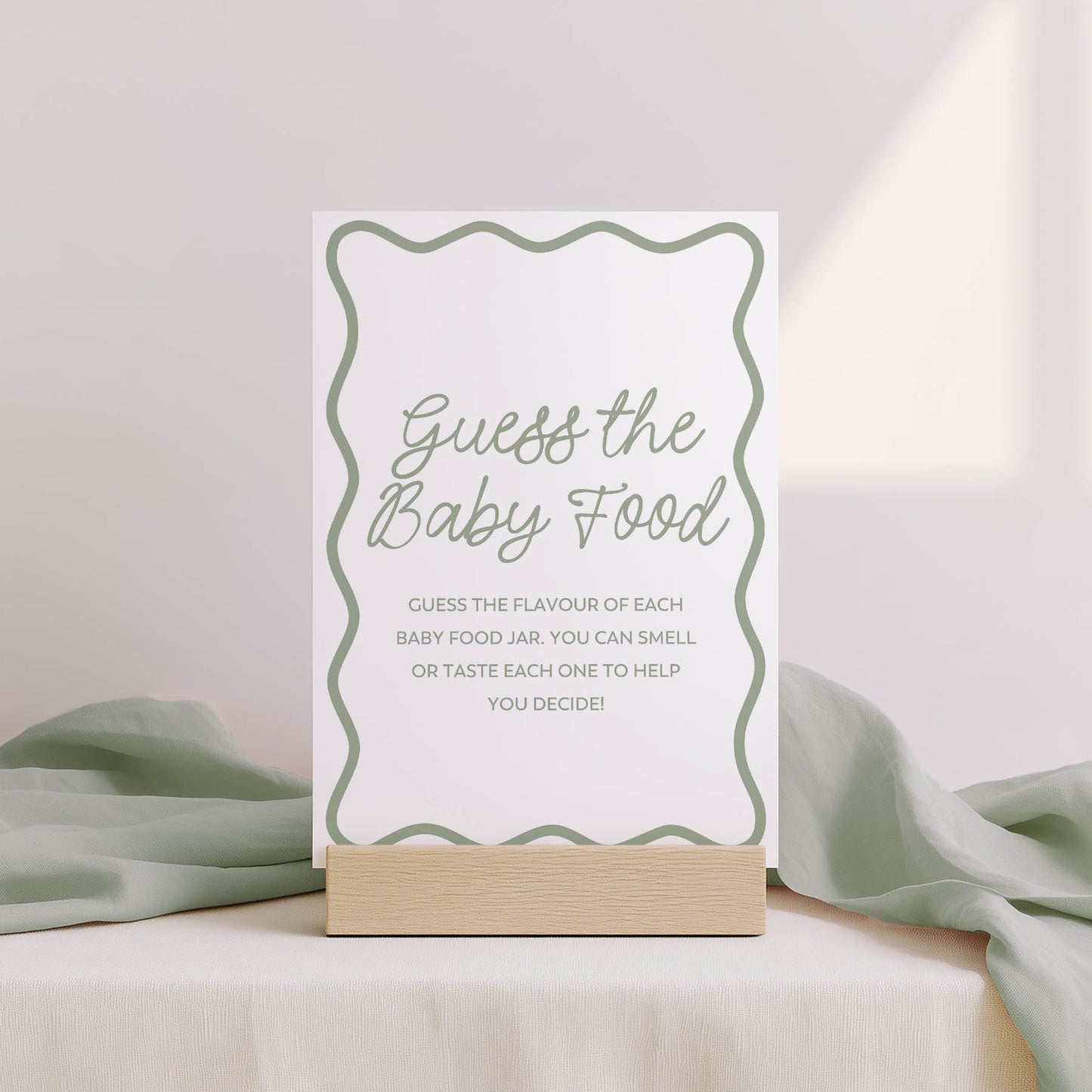 Printed Guess The Baby Food Sign & Card – Green Wavy | Baby Shower Games Australia