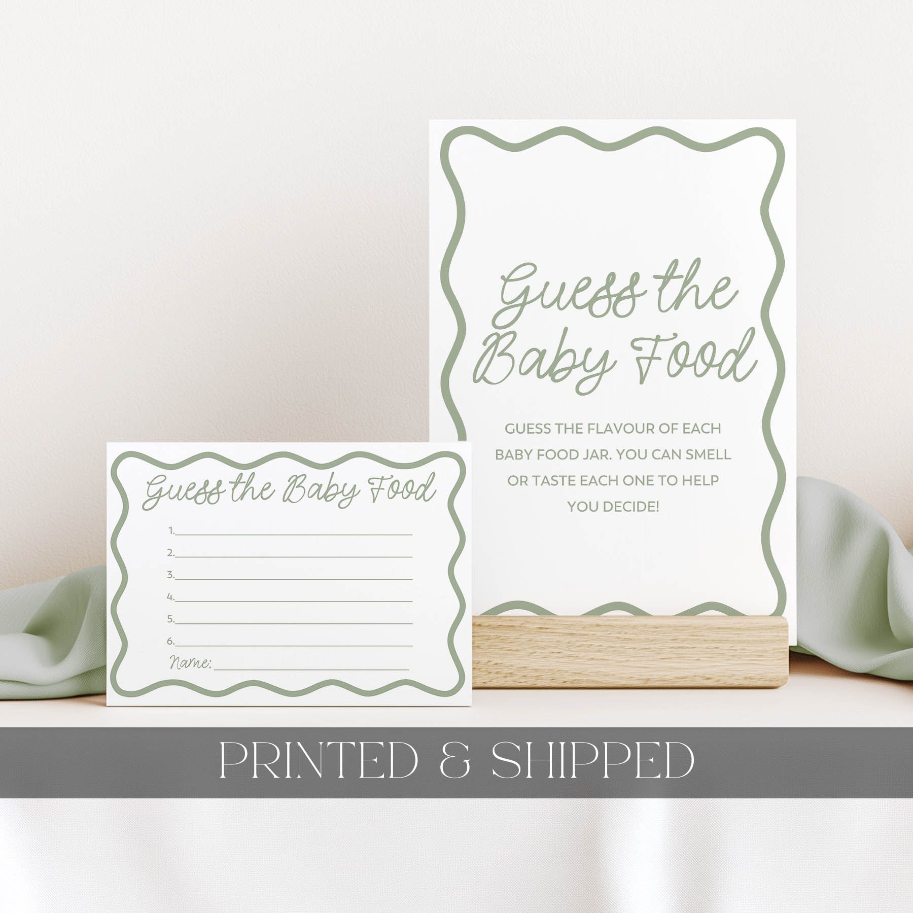 Guess the baby food game cards on a white surface with text 'Printed & Shipped'.
