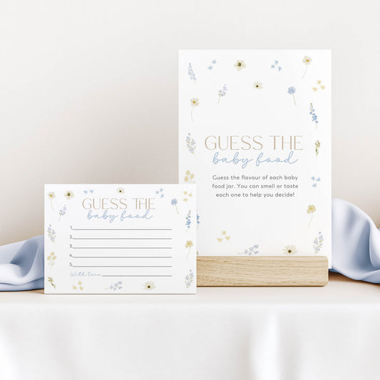 Guess the baby food game cards with floral design on a white background