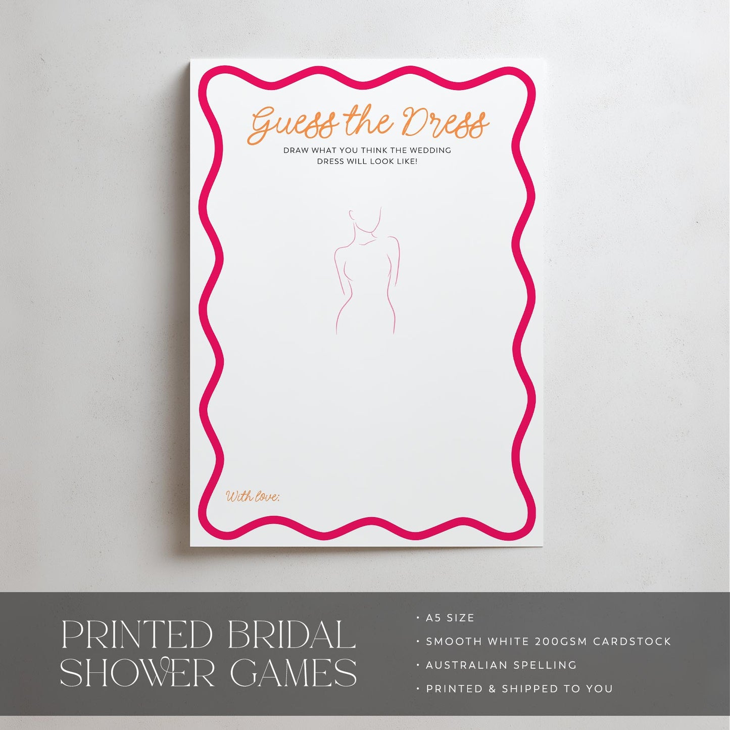Guess the Dress bridal shower game card with pink border on a gray background