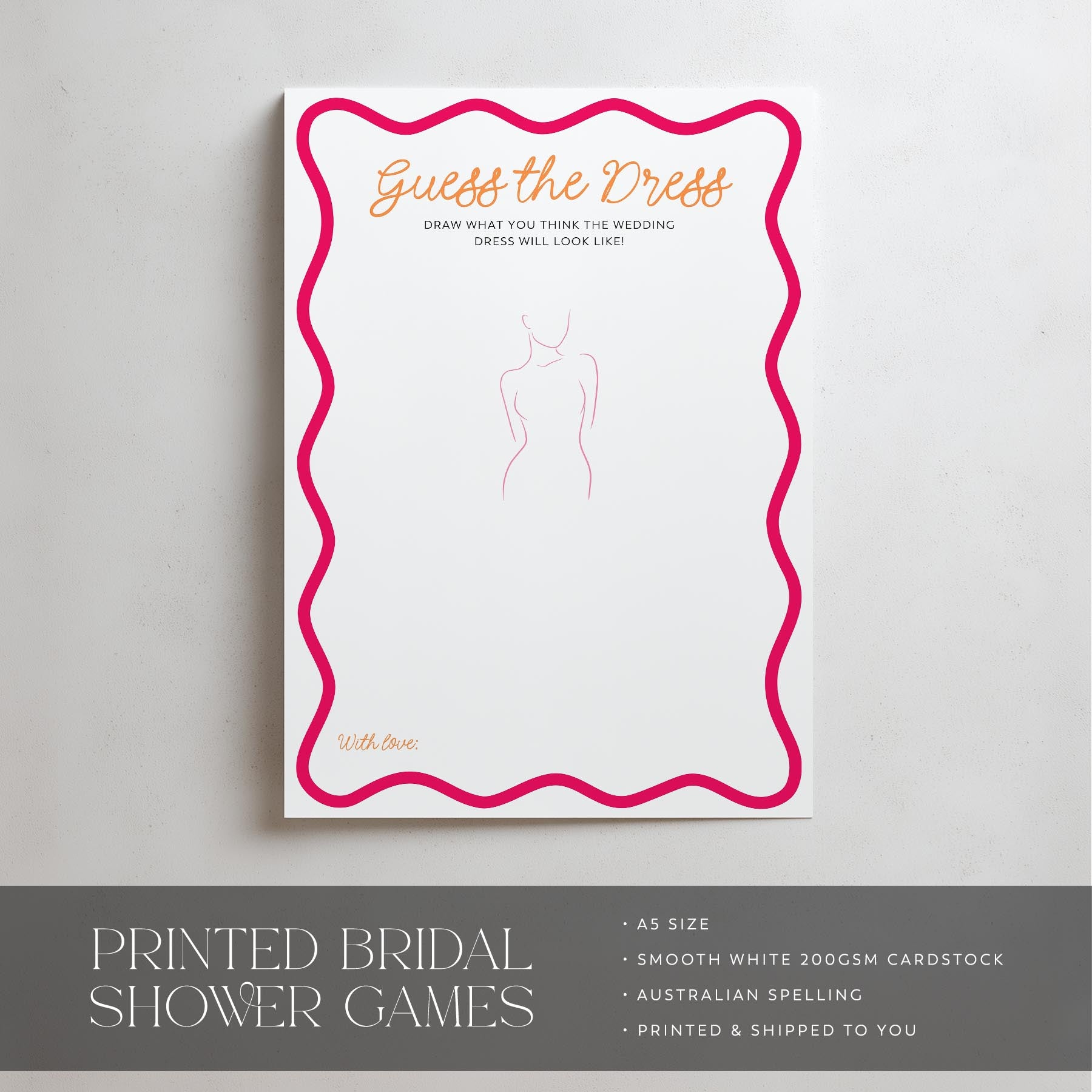 Guess the Dress bridal shower game card with pink border on a gray background