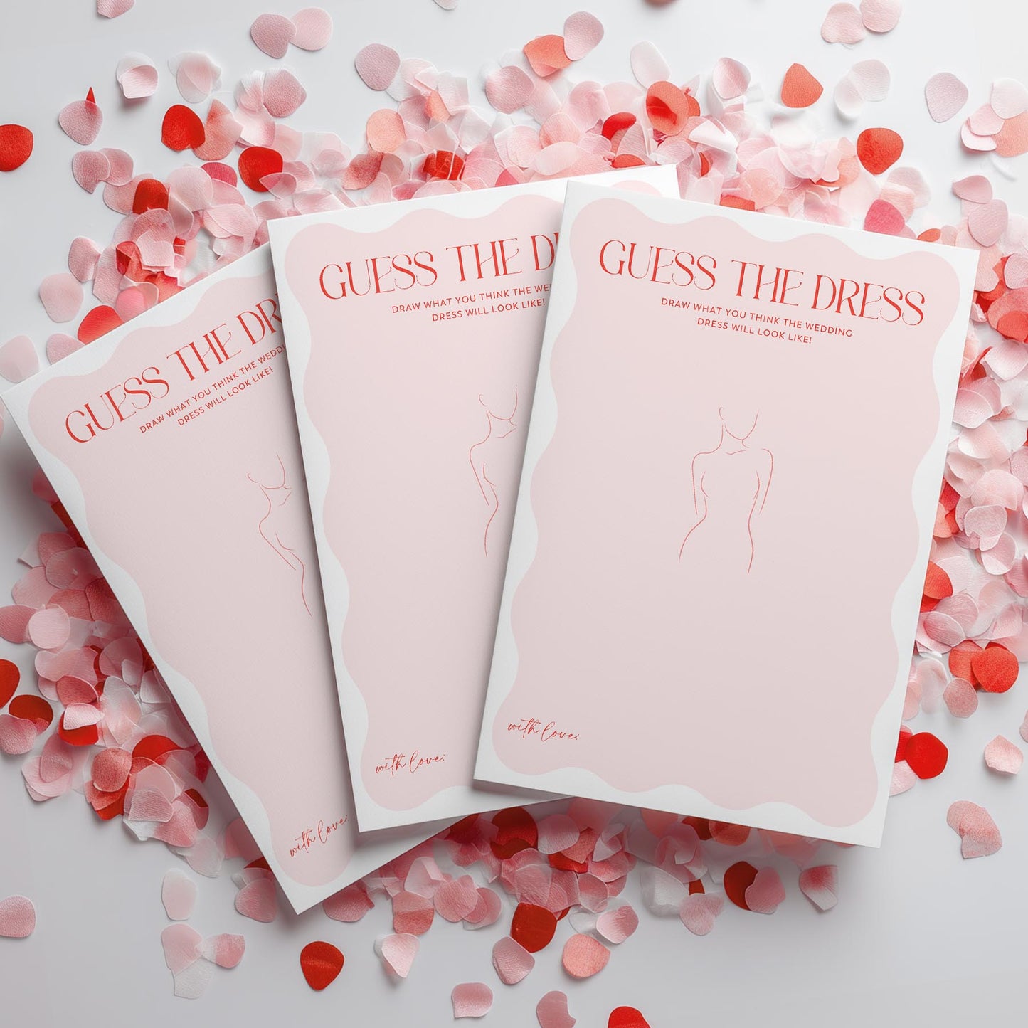 Three 'Advice for the Bride to Be' sheets on a surface with confetti