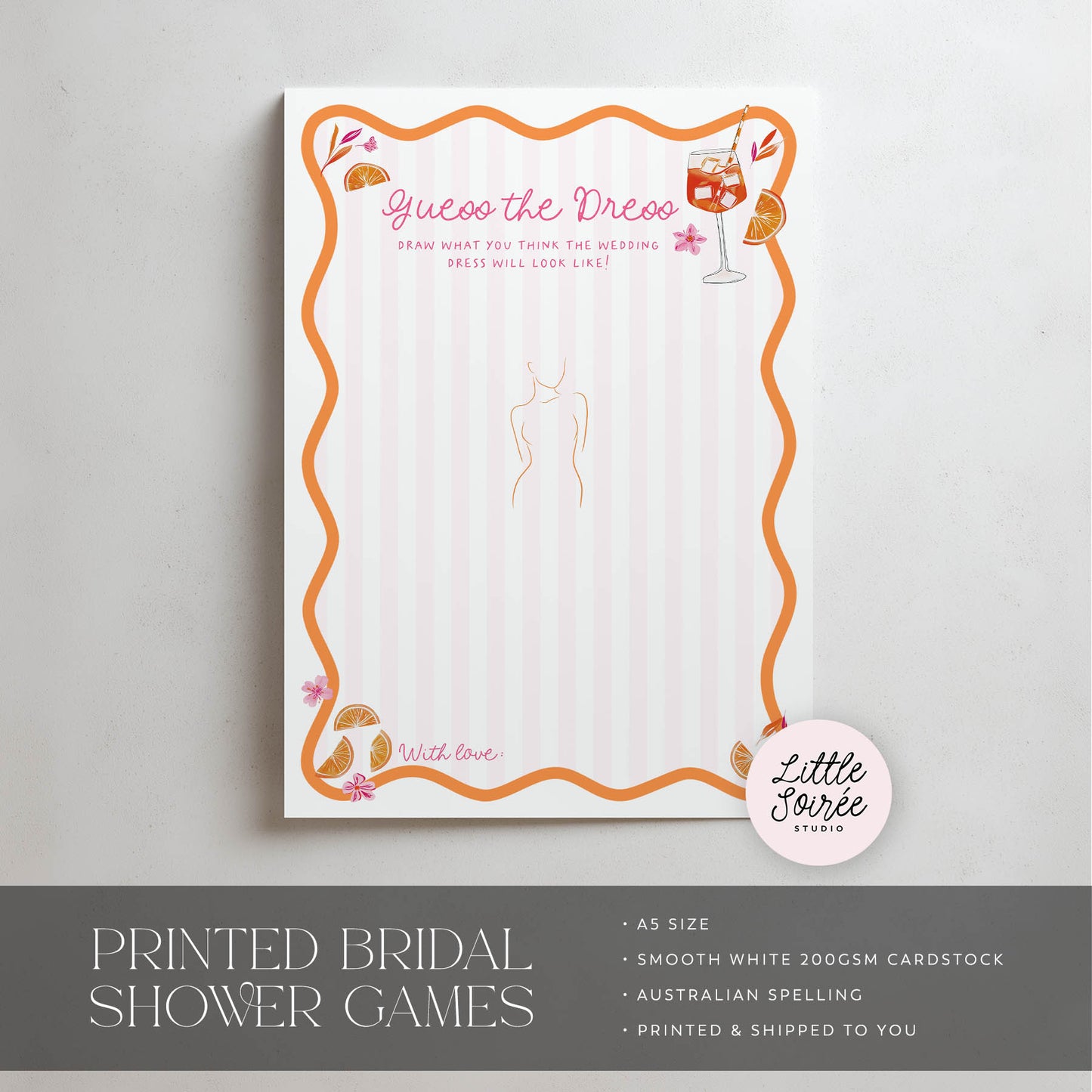 Bridal shower game card with orange border and 'Guess the Dress' text on a gray background.