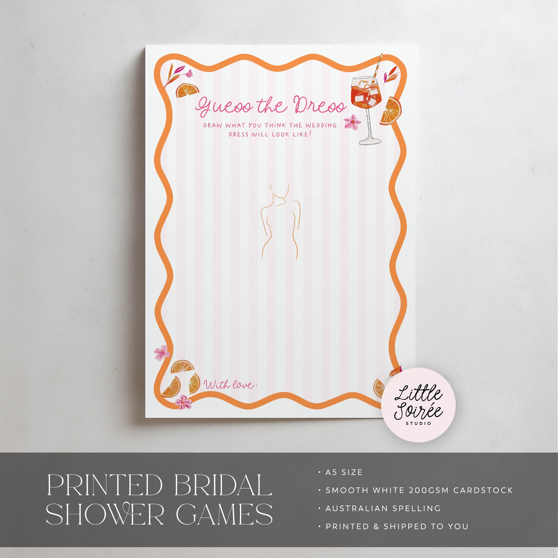 Bridal shower game card with orange border and 'Guess the Dress' text on a gray background.