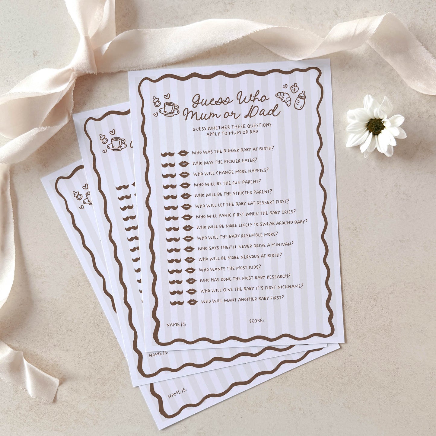 Two sheets of paper with text and graphics on a beige background with ribbons and a flower.