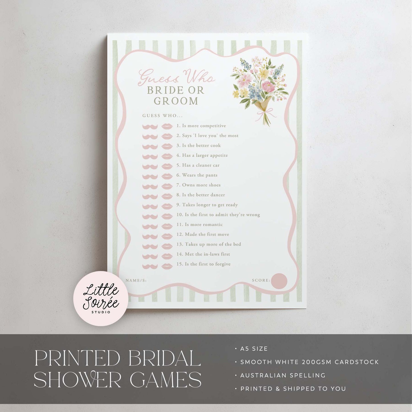 Bridal shower game sheet titled 'Guess Who, Bride or Groom' with floral design on a gray background.