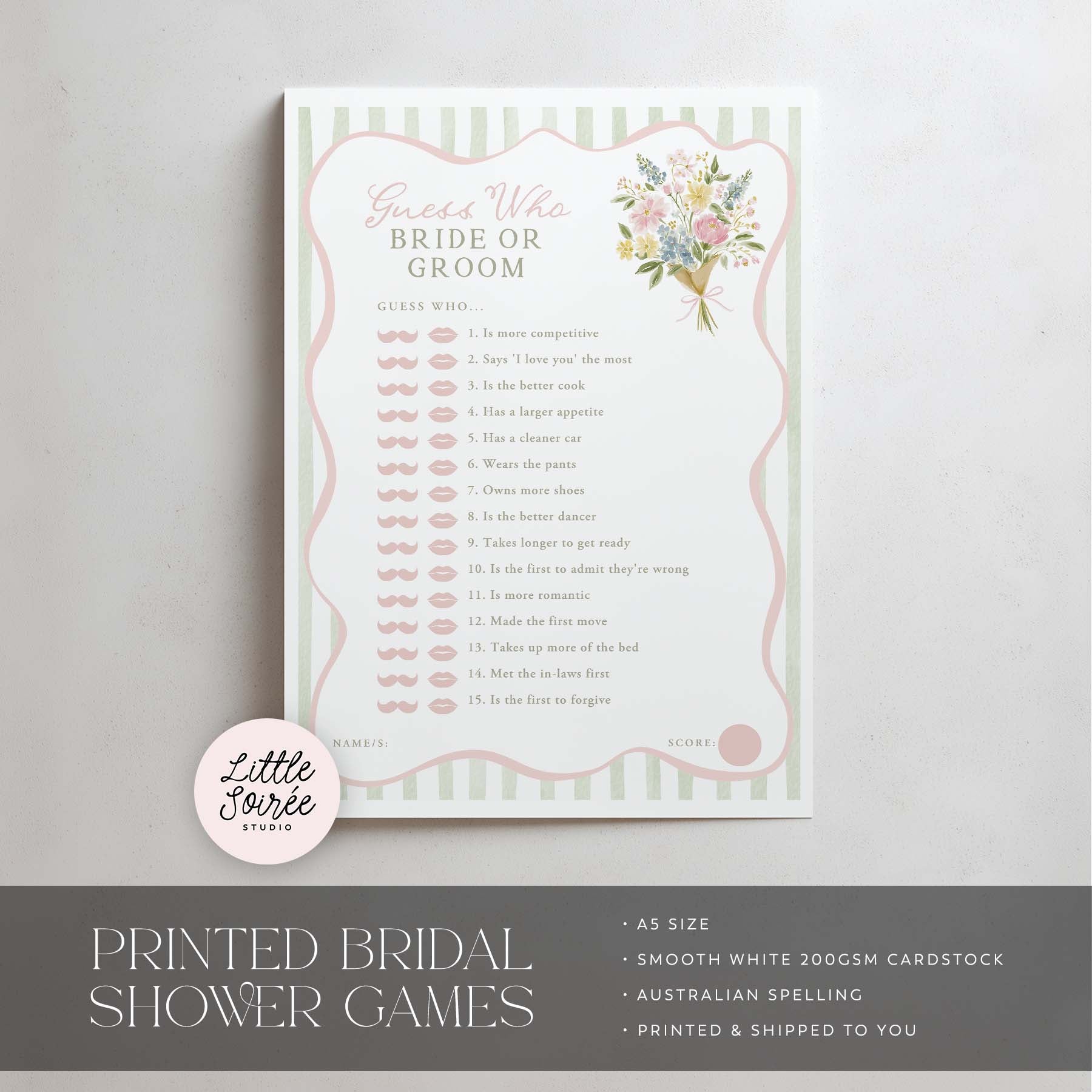 Bridal shower game sheet titled 'Guess Who, Bride or Groom' with floral design on a gray background.