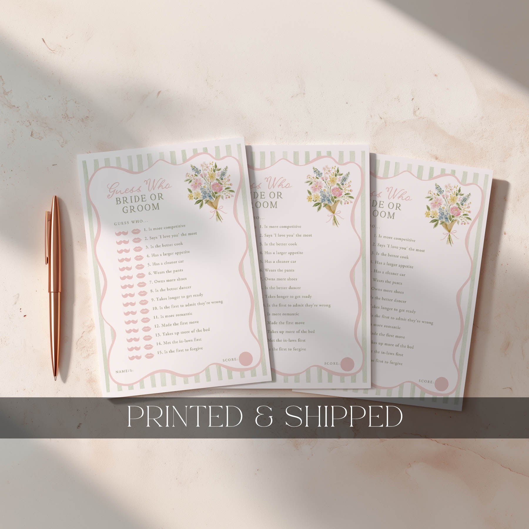 Three printed questionnaires for bride or groom on a light surface with a pen next to them, labeled 'Printed & Shipped'.
