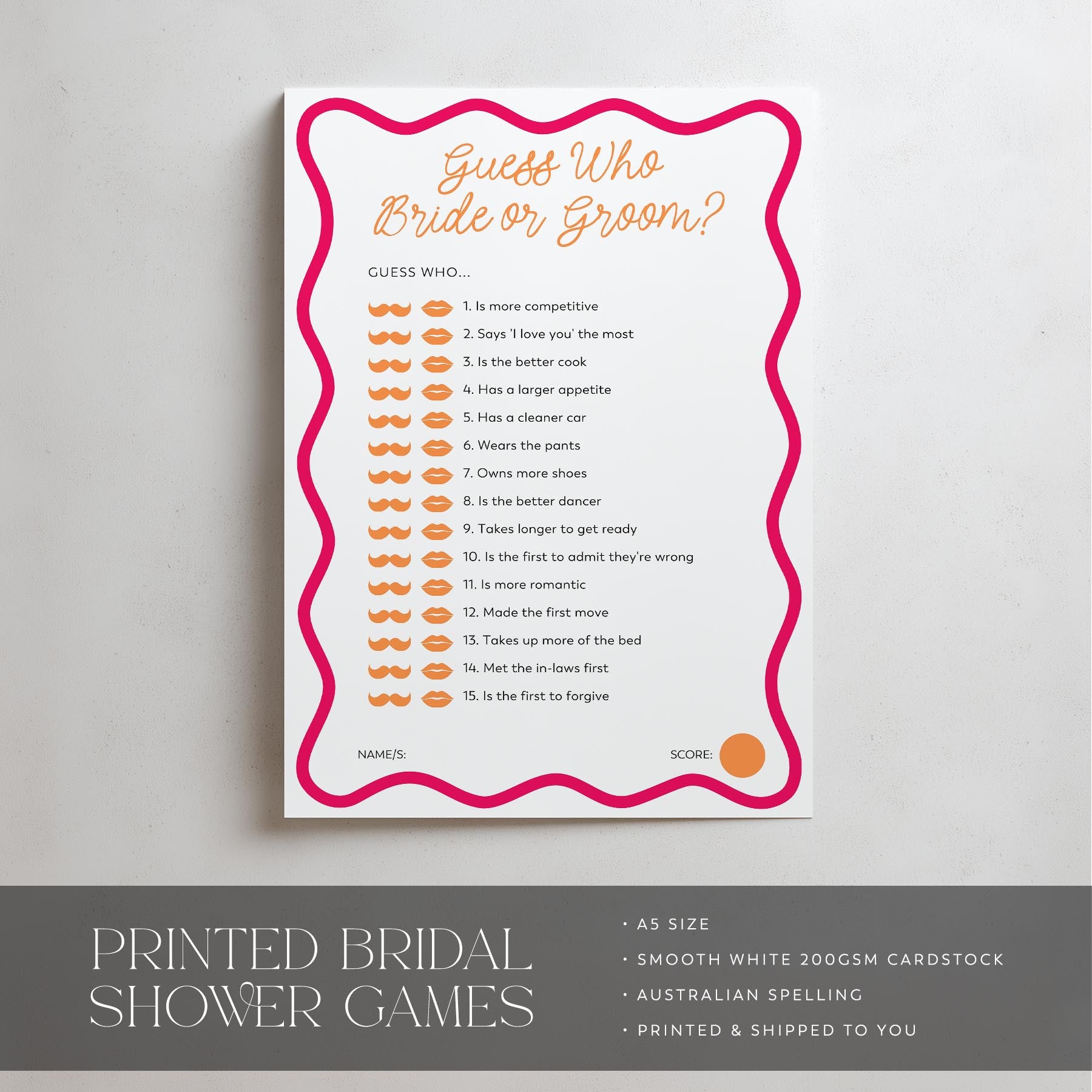 Bridal shower game card with pink border on a gray background