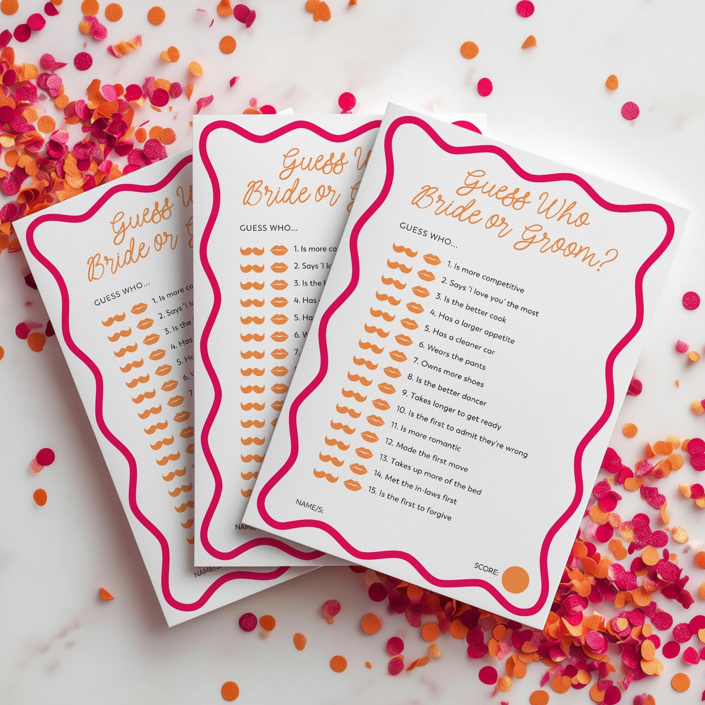 Three 'Guess Who, Bride or Groom?' cards on a white background with colorful confetti.