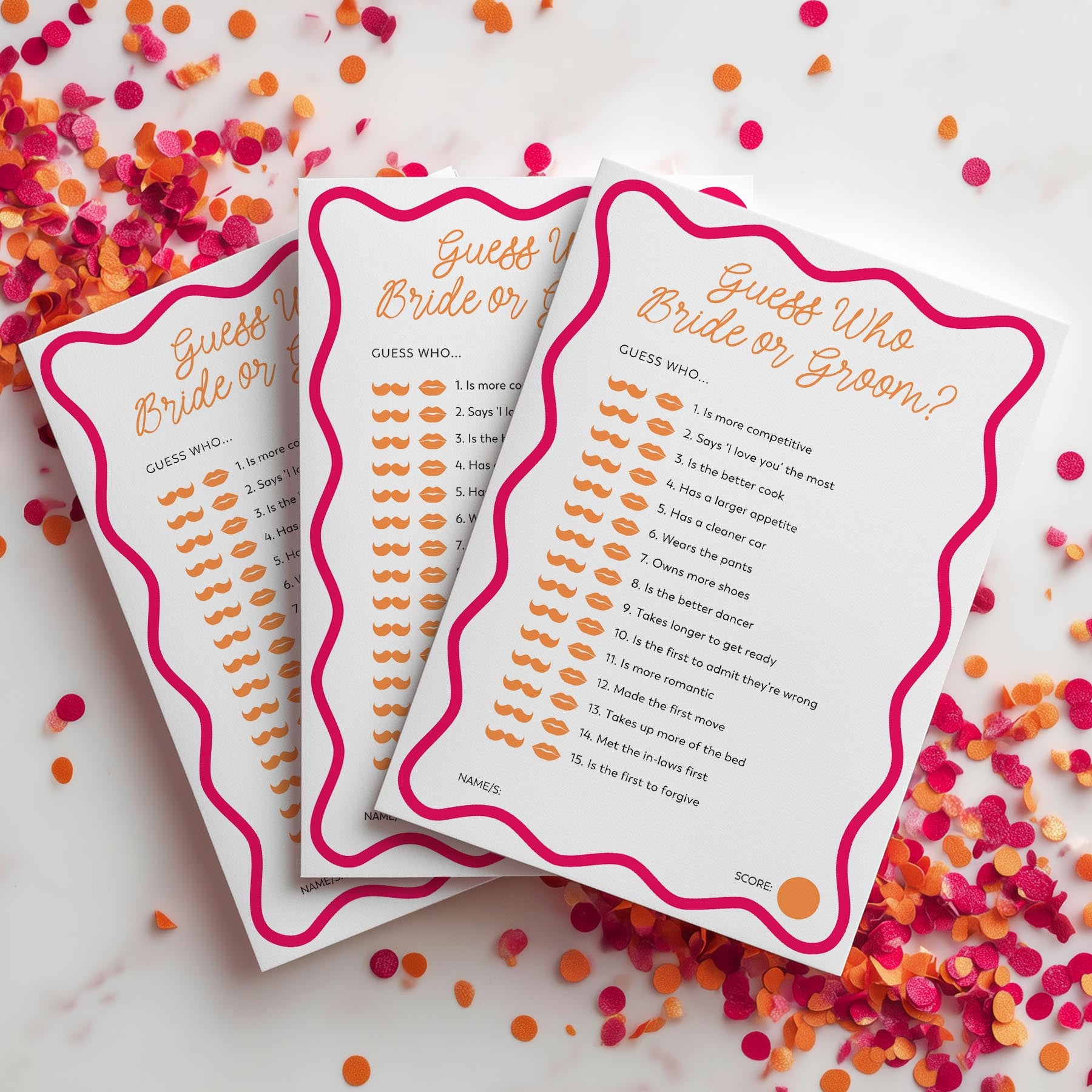 Three 'Guess Who, Bride or Groom?' cards on a white background with colorful confetti.