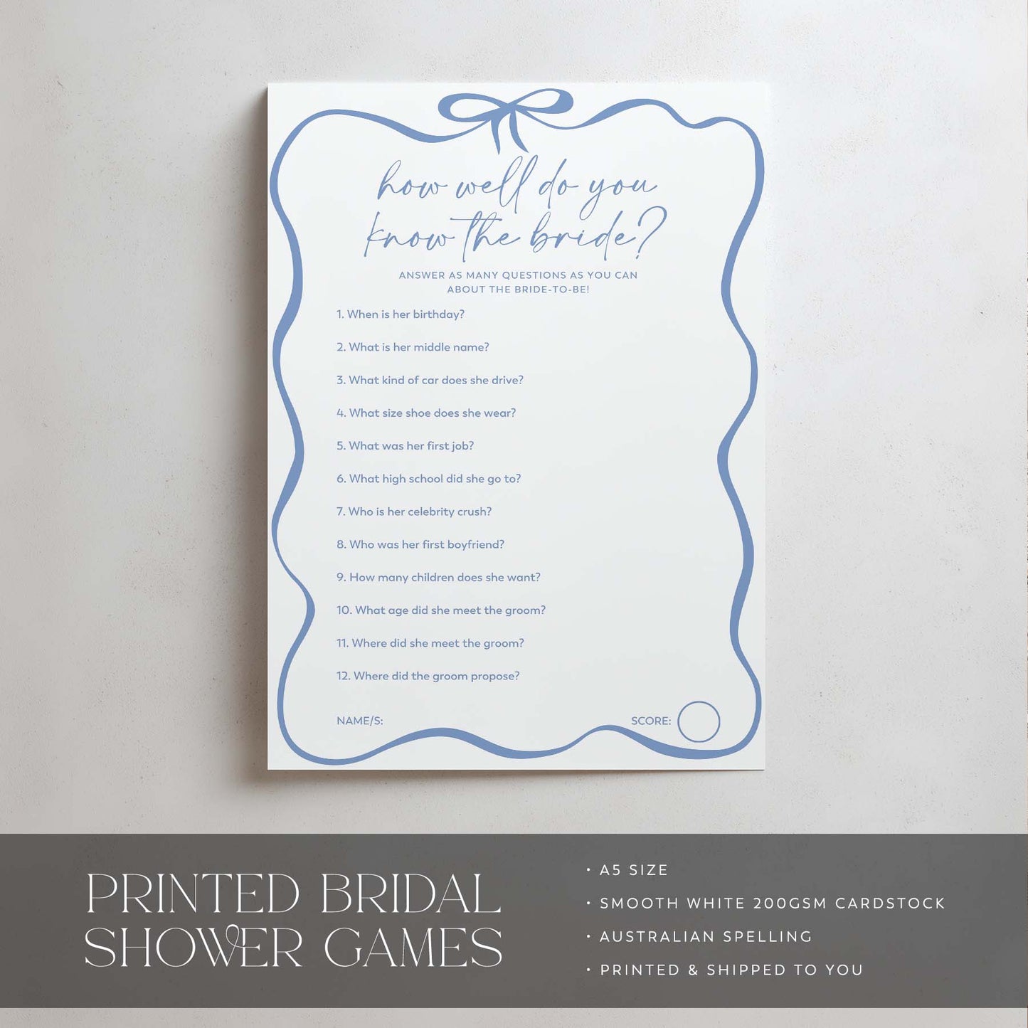 Bridal shower game card with text on a plain background