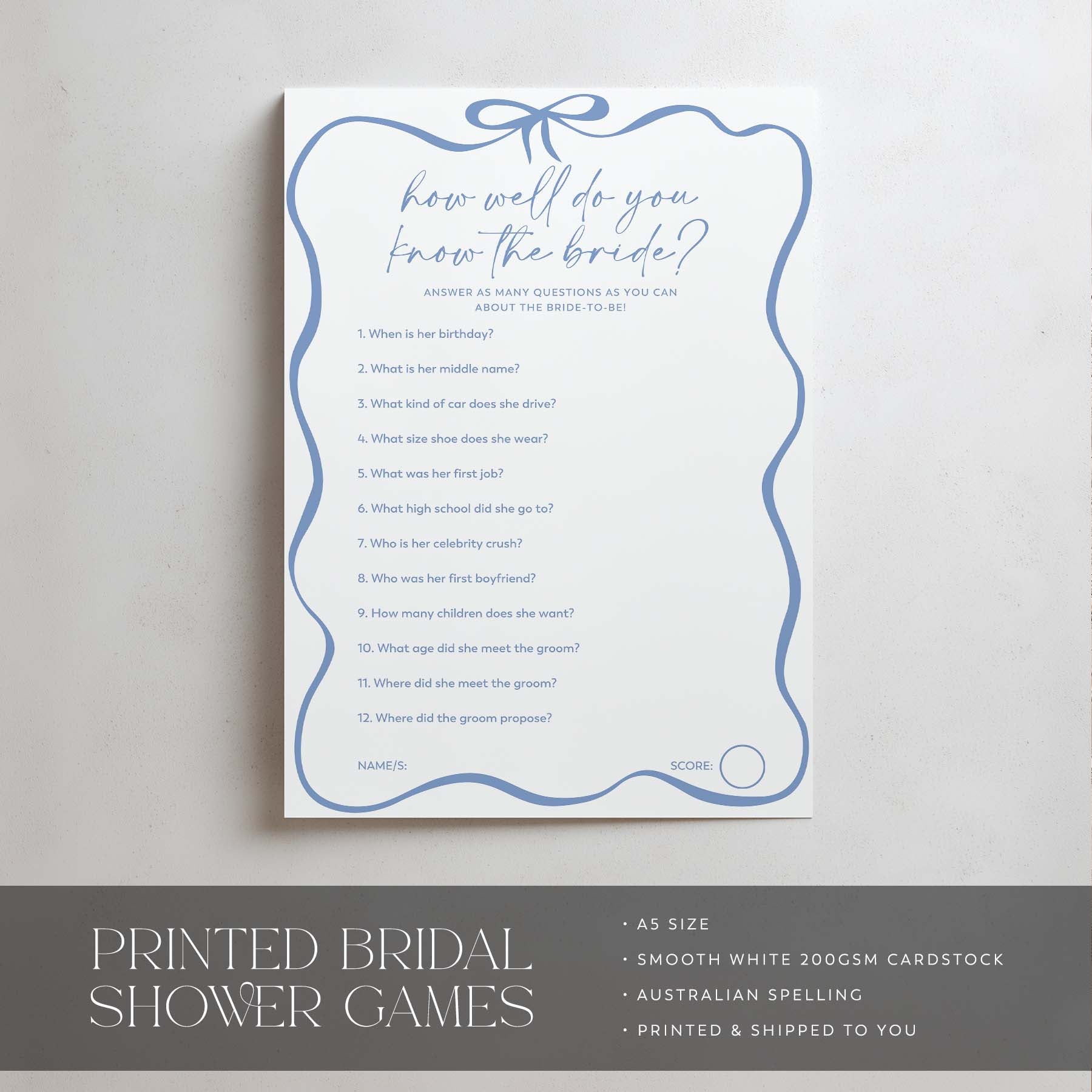 Bridal shower game card with text on a plain background