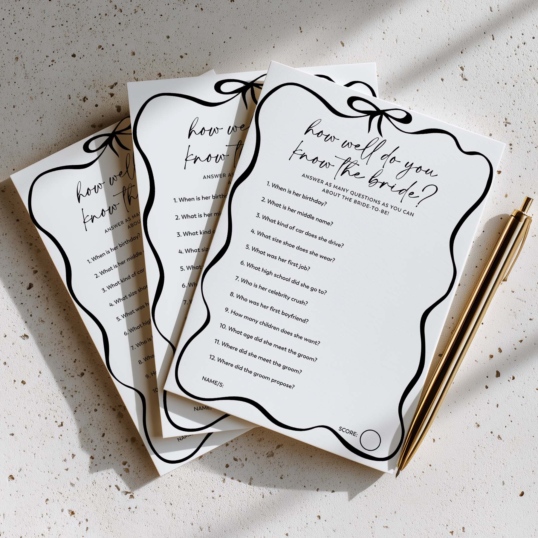 3 printed Bridal Shower games titled how well do you know the bride with black bow wavy design
