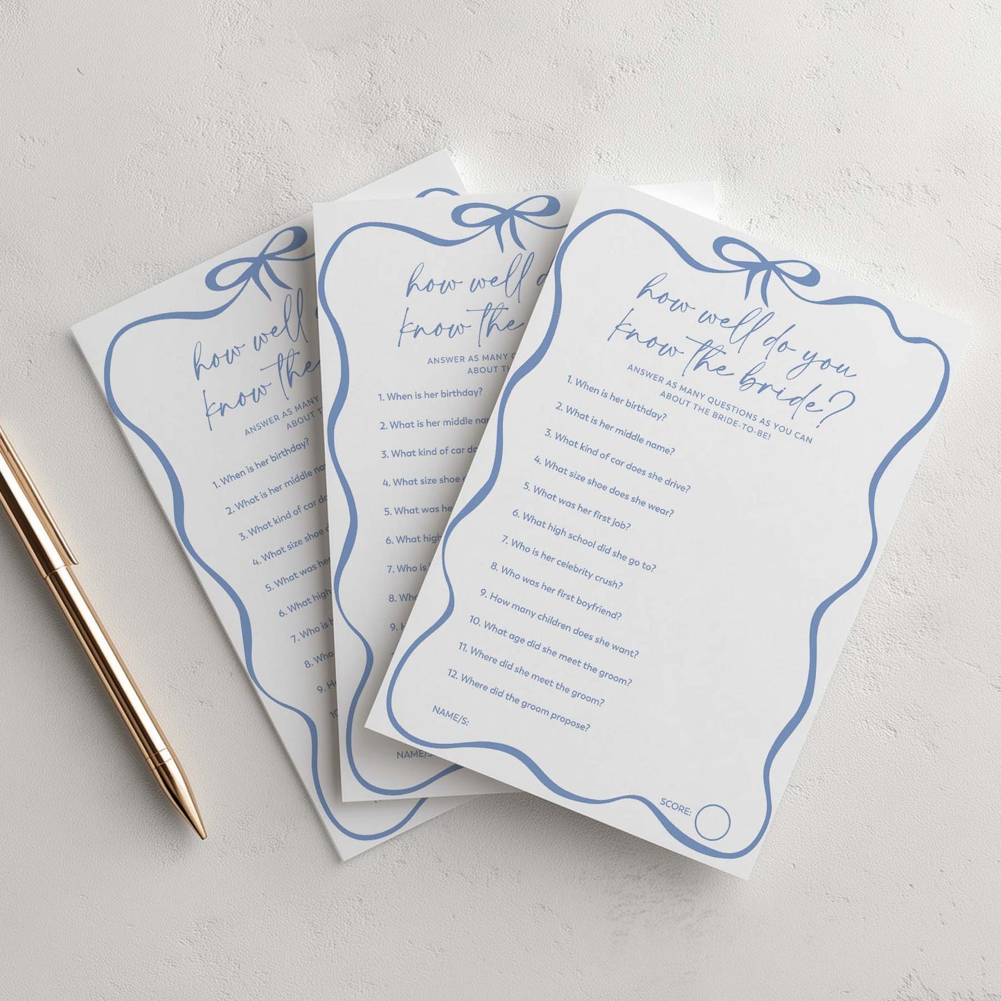 Three questionnaires titled 'How well do you know the bride?' on a light gray background with a pen.