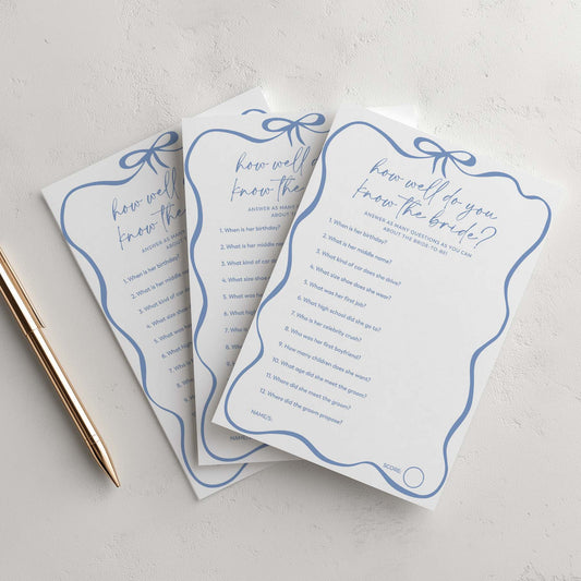 Three questionnaires titled 'How well do you know the bride?' on a light gray background with a pen.