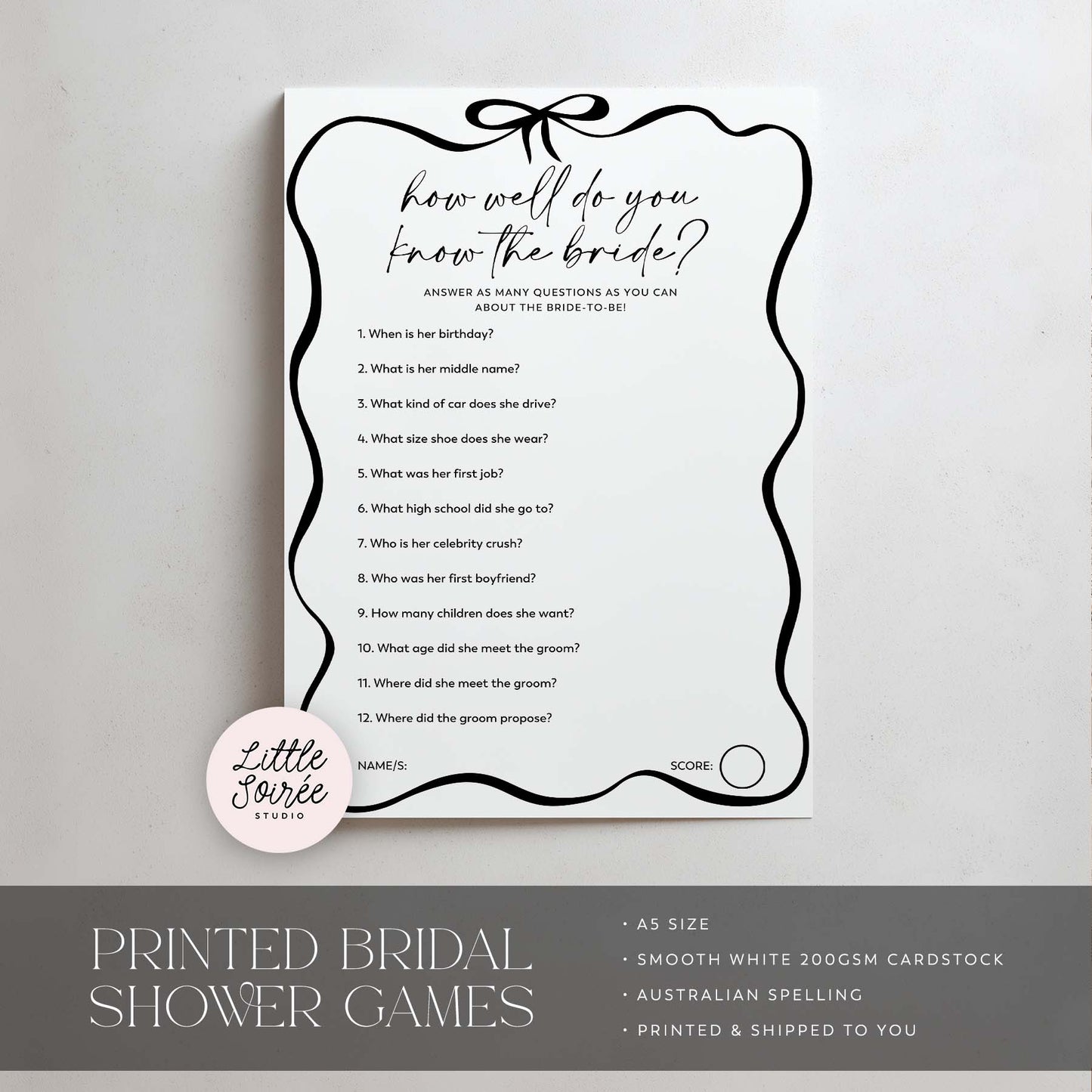 Bridal shower game card titled 'How well do you know the bride?' on a white background with 'Little Source Studio' branding.