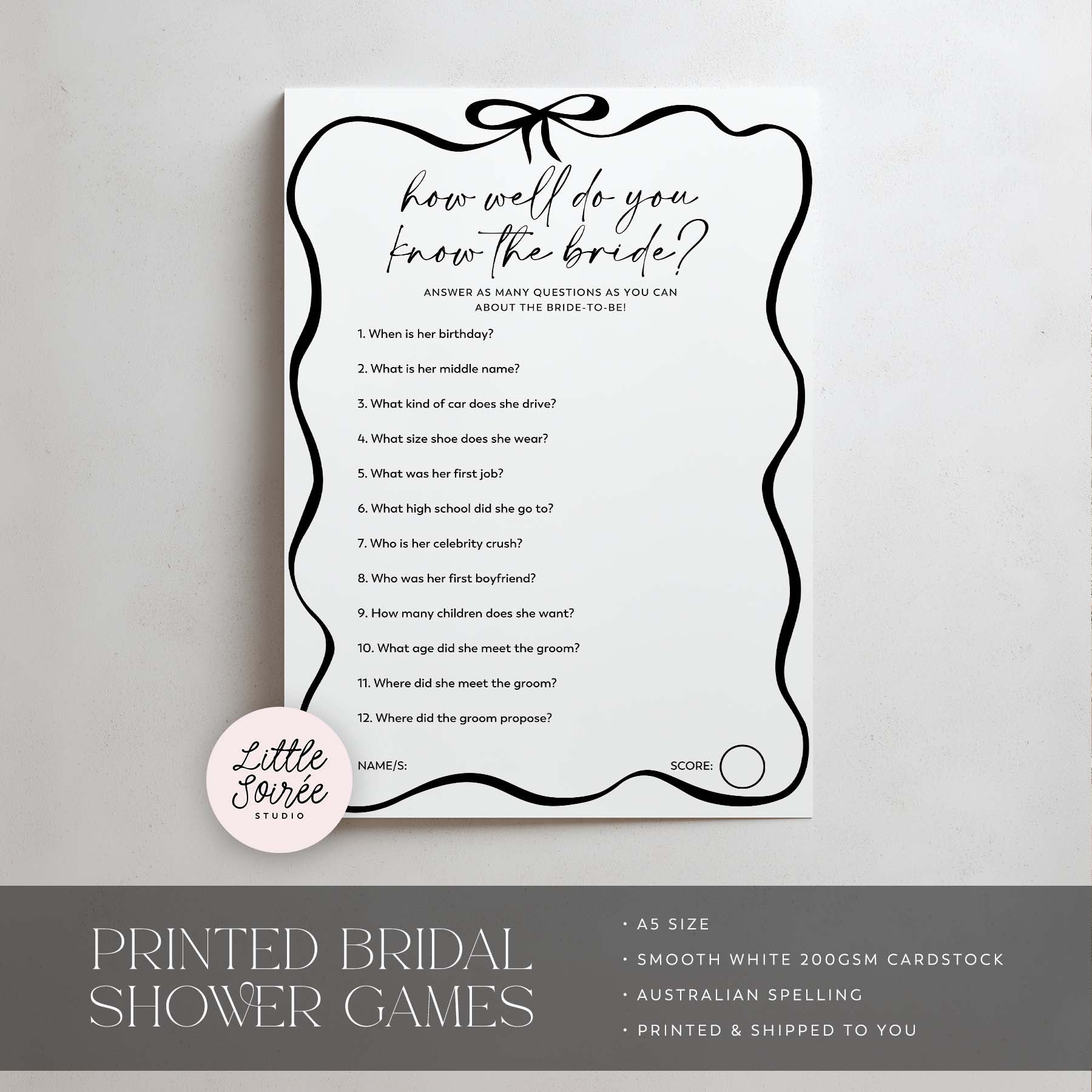 Bridal shower game card titled 'How well do you know the bride?' on a white background with 'Little Source Studio' branding.