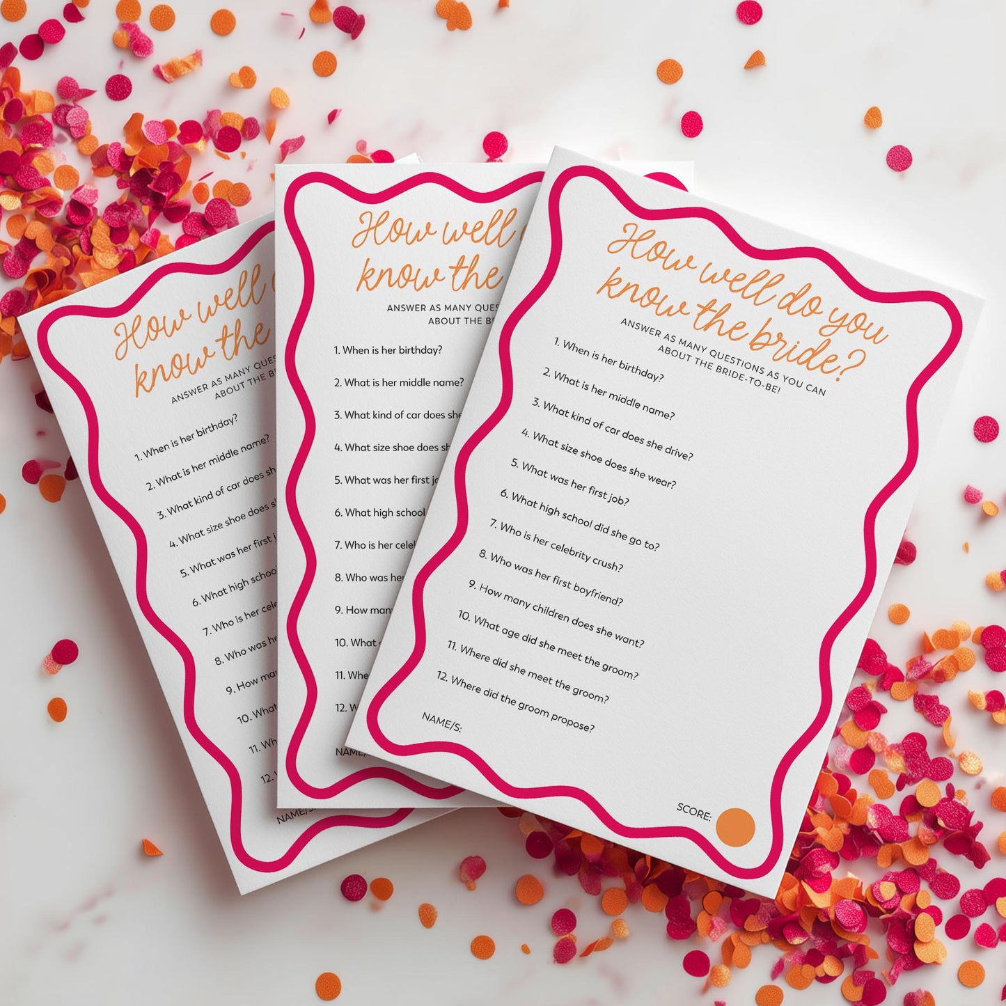 Three questionnaires titled 'How well do you know the bride?' on a surface with colorful confetti.