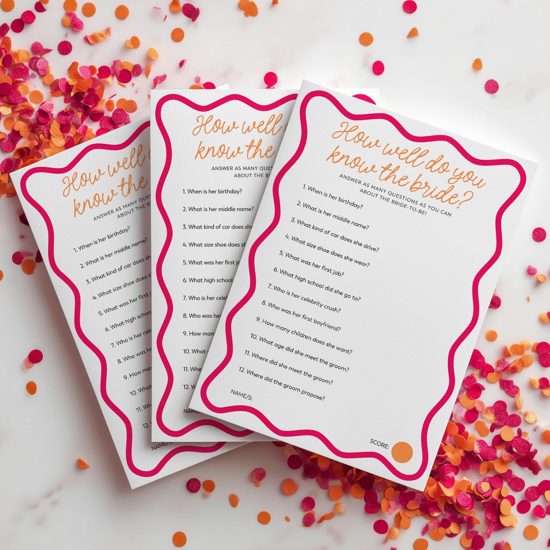 Three questionnaires titled 'How well do you know the bride?' on a surface with colorful confetti.