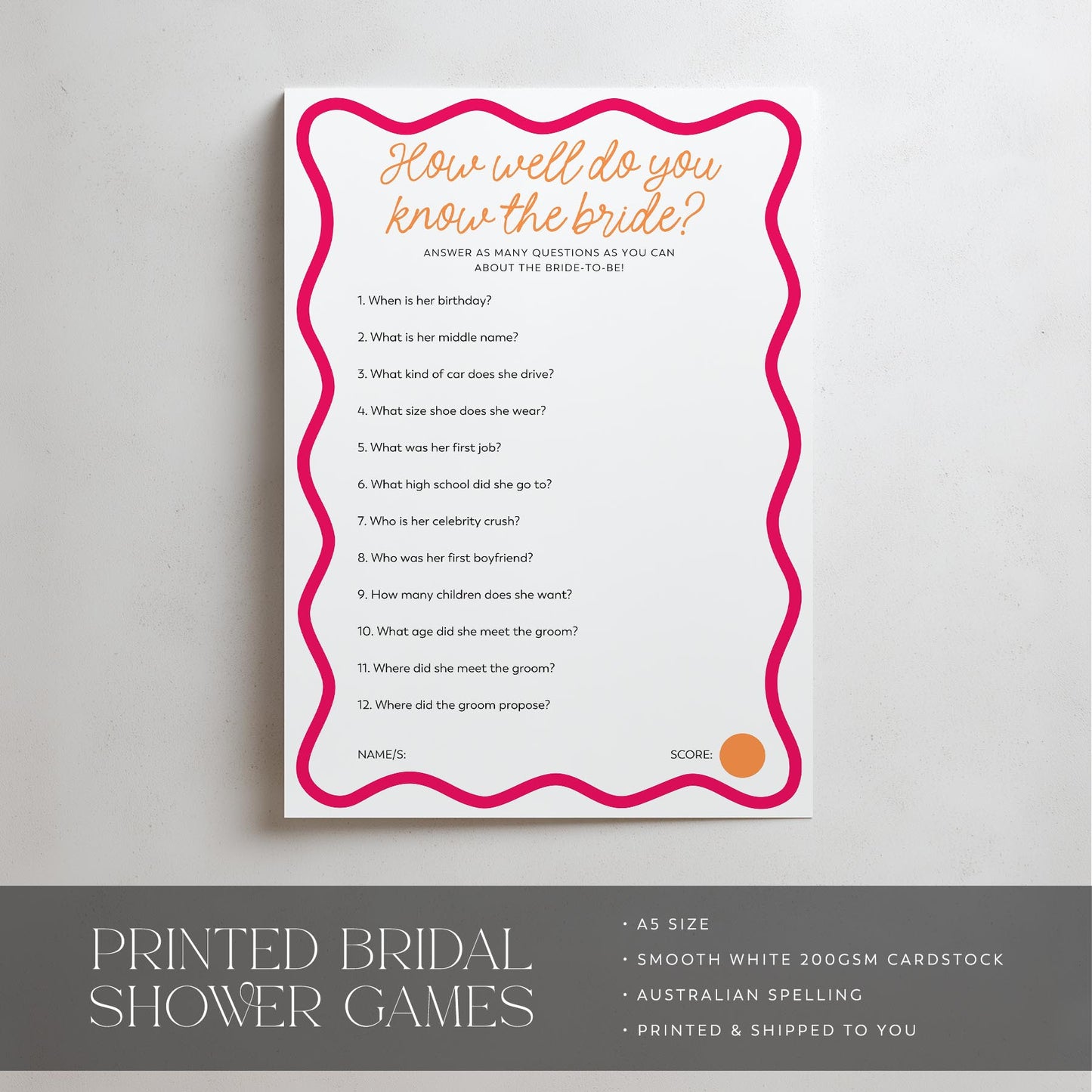 Bridal shower game card with pink border on a gray background