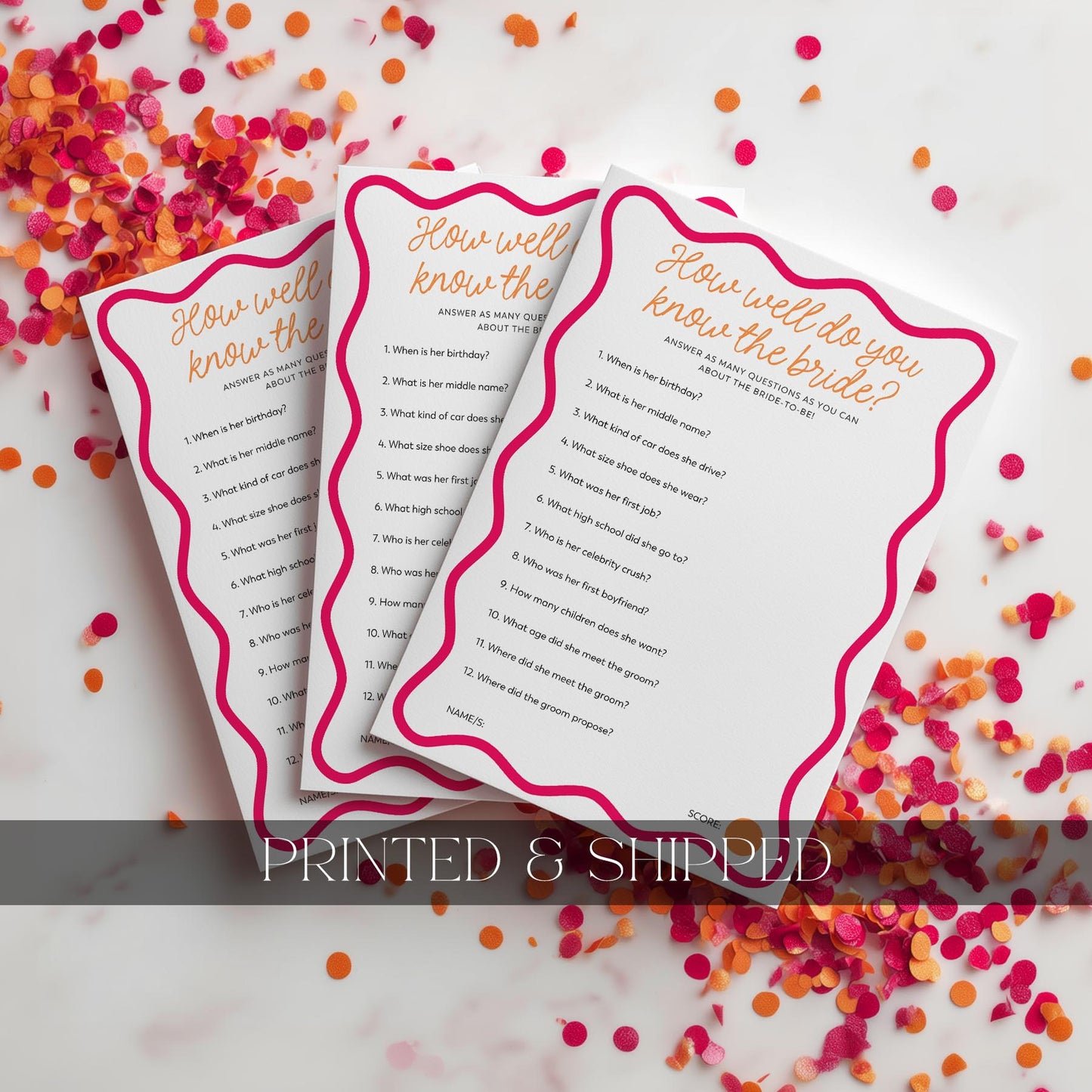 Three questionnaires on a surface with confetti, labeled 'Printed & Shipped'.