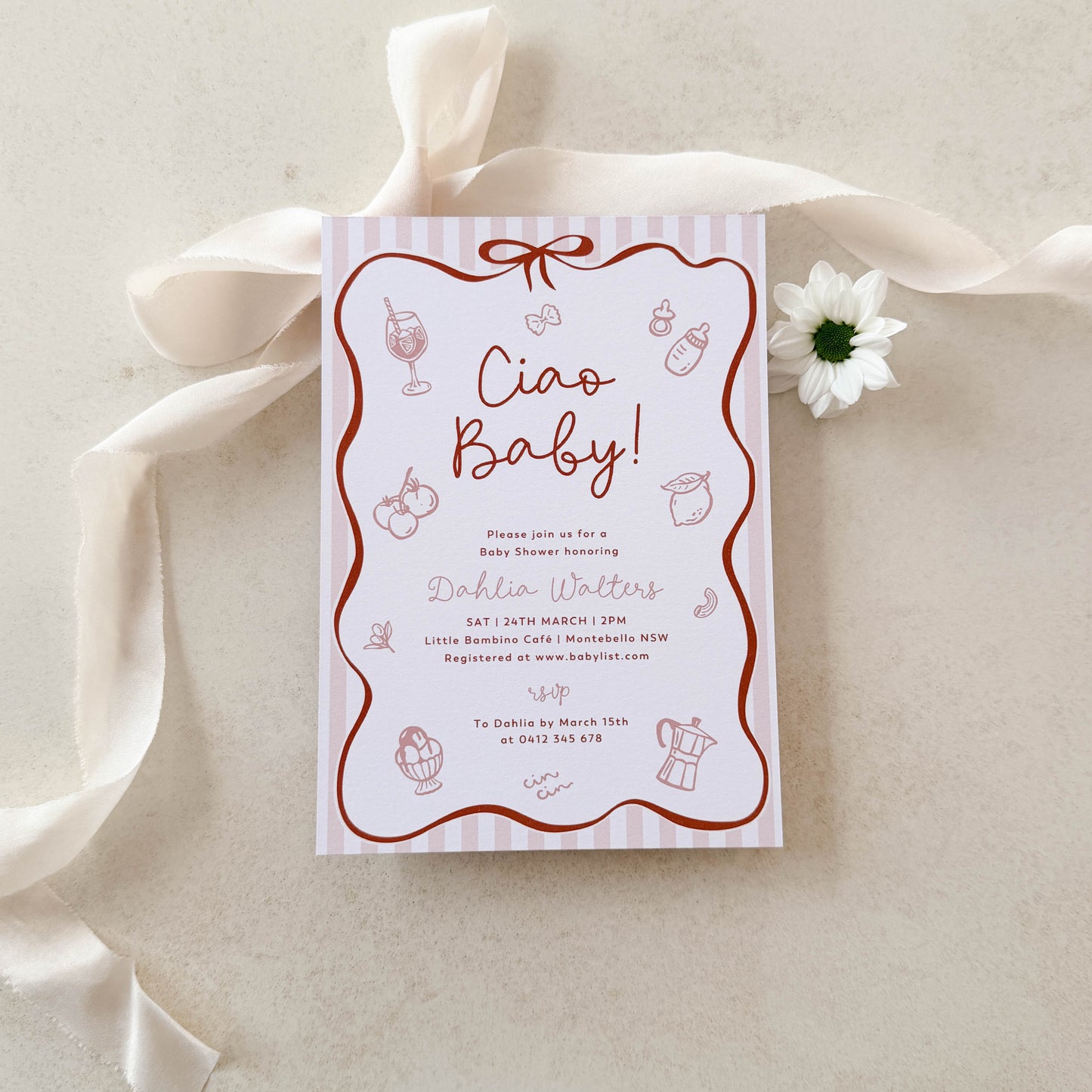 Ciao Baby Pink Baby Shower Invitation (Printed) – Italian Baby Shower Invite Australia