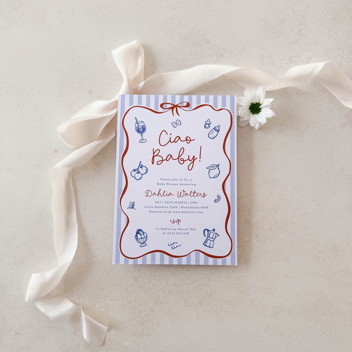 Ciao Baby Blue Baby Shower Invitation (Printed) – Italian Baby Shower Invite Australia