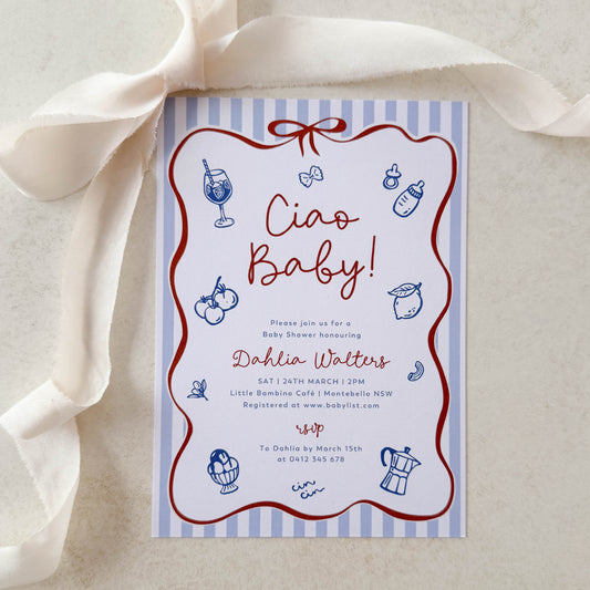 Ciao Baby Blue Baby Shower Invitation (Printed) – Italian Baby Shower Invite Australia