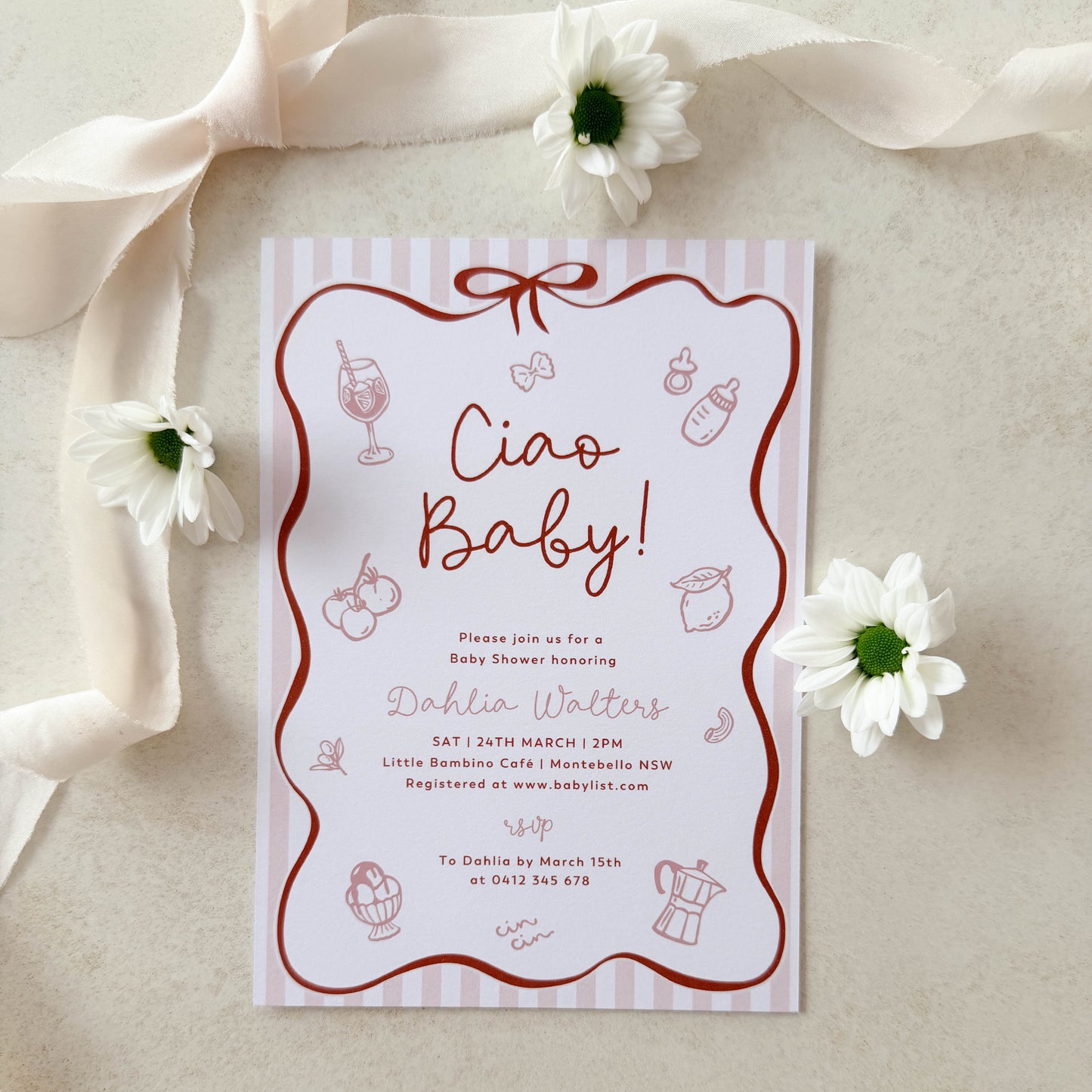 Ciao Baby Pink Baby Shower Invitation (Printed) – Italian Baby Shower Invite Australia