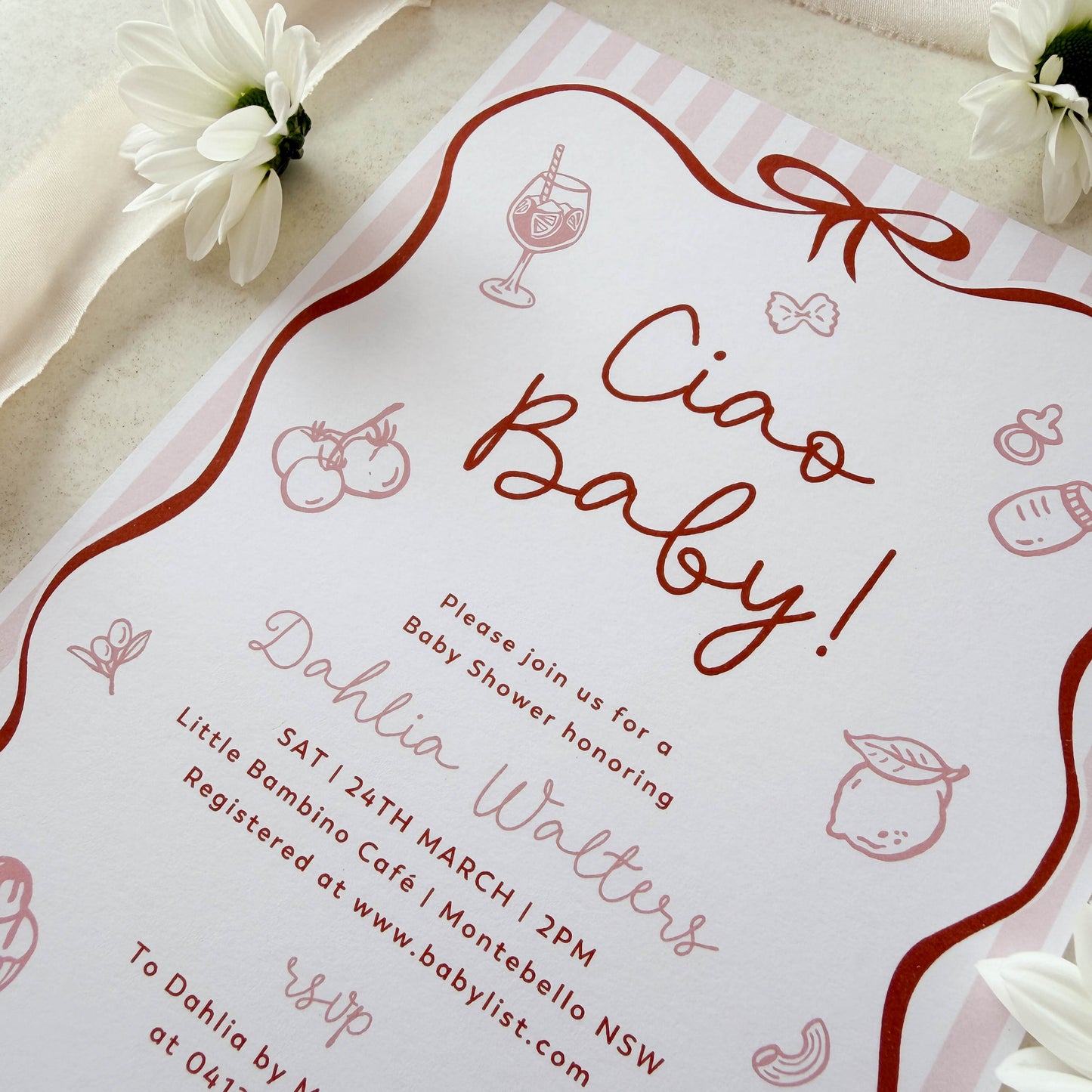 Ciao Baby Pink Baby Shower Invitation (Printed) – Italian Baby Shower Invite Australia