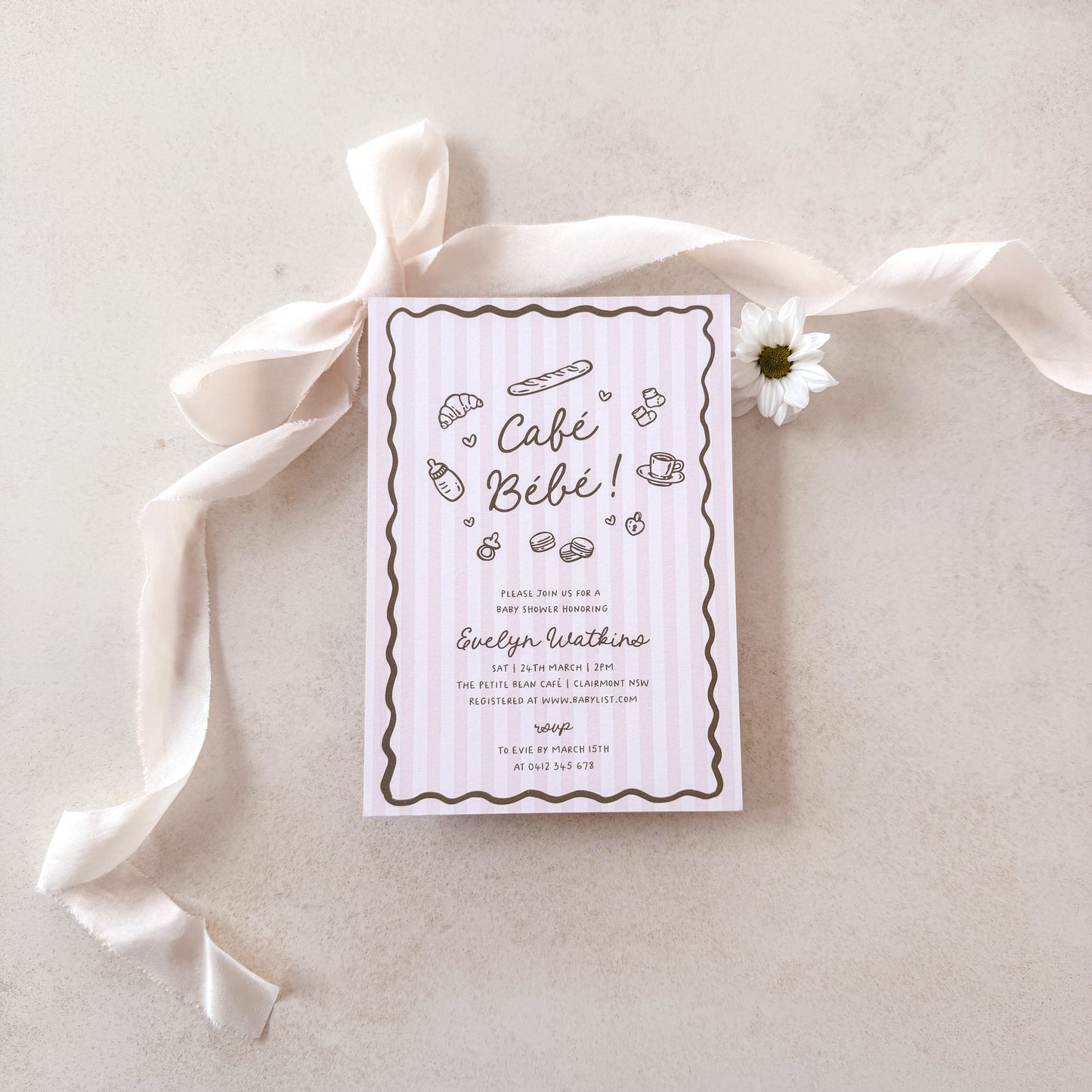Cafe Bebe Pink Baby Shower Invitation (Printed) – French Baby Shower Invite Australia