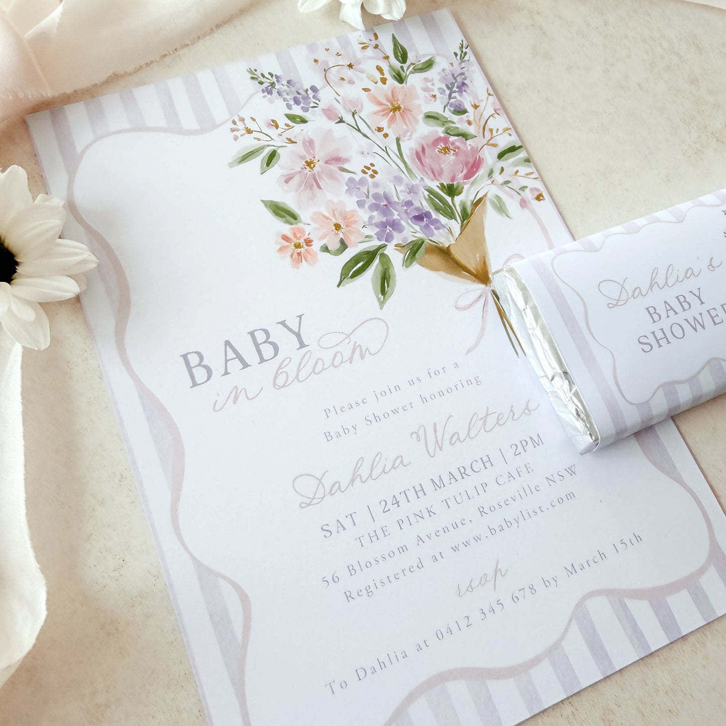Baby in Bloom Baby Shower Invitation (Printed) – Purple Baby Shower Invite Australia