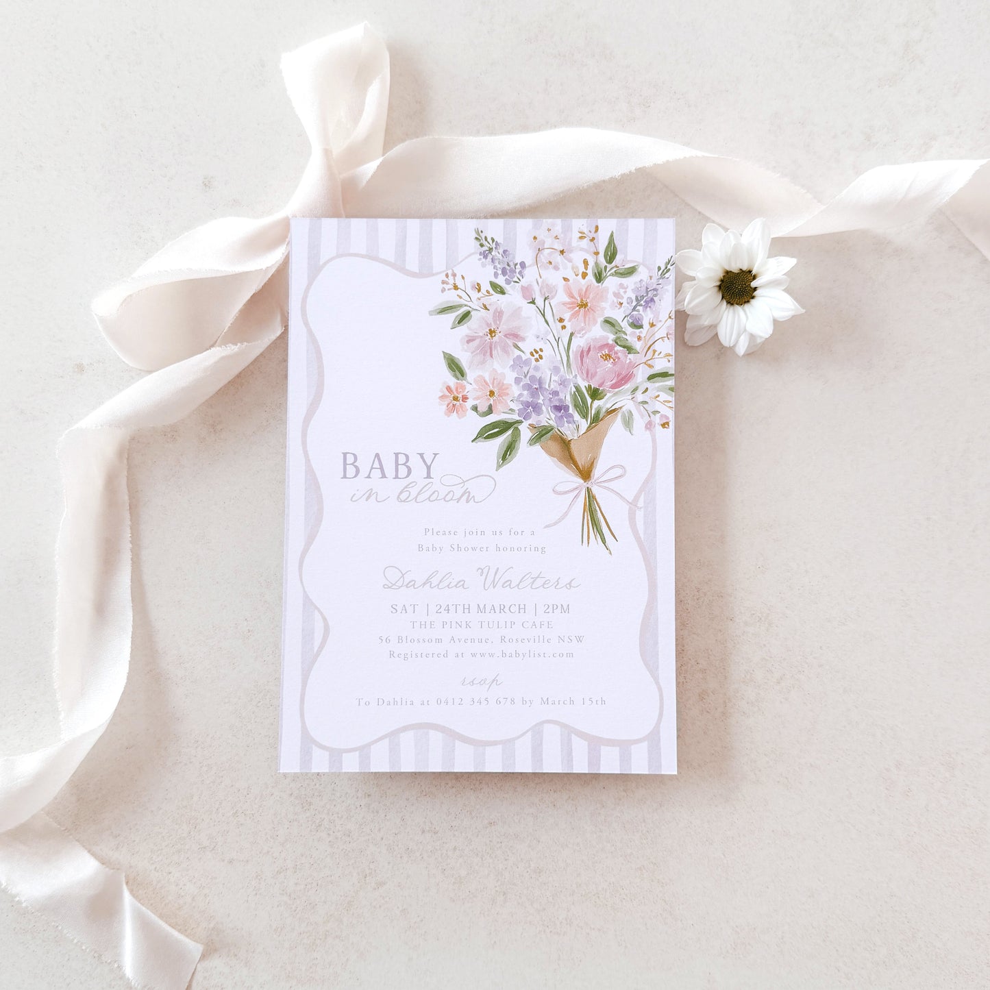 Baby in Bloom Baby Shower Invitation (Printed) – Purple Baby Shower Invite Australia