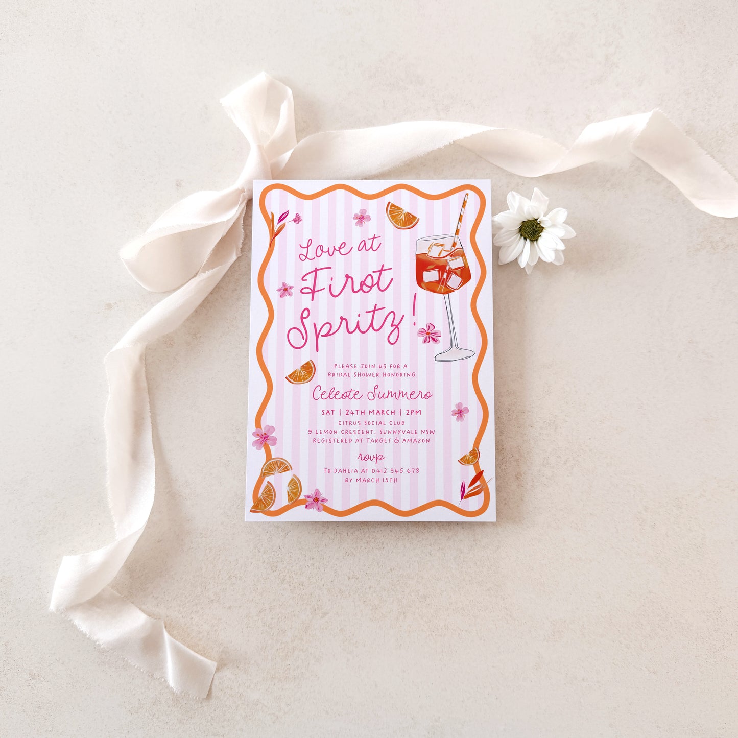 Love at First Spritz Bridal Shower Invitation (Printed) – Pink Orange Bridal Shower Invite Australia